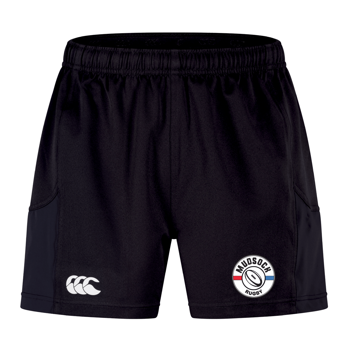 The Mudsock Rugby Advantage Short 2.0 by EMB Canterbury features a white logo and a "MOSOCH RUGBY" patch on the front, designed for performance with 95% recycled material.