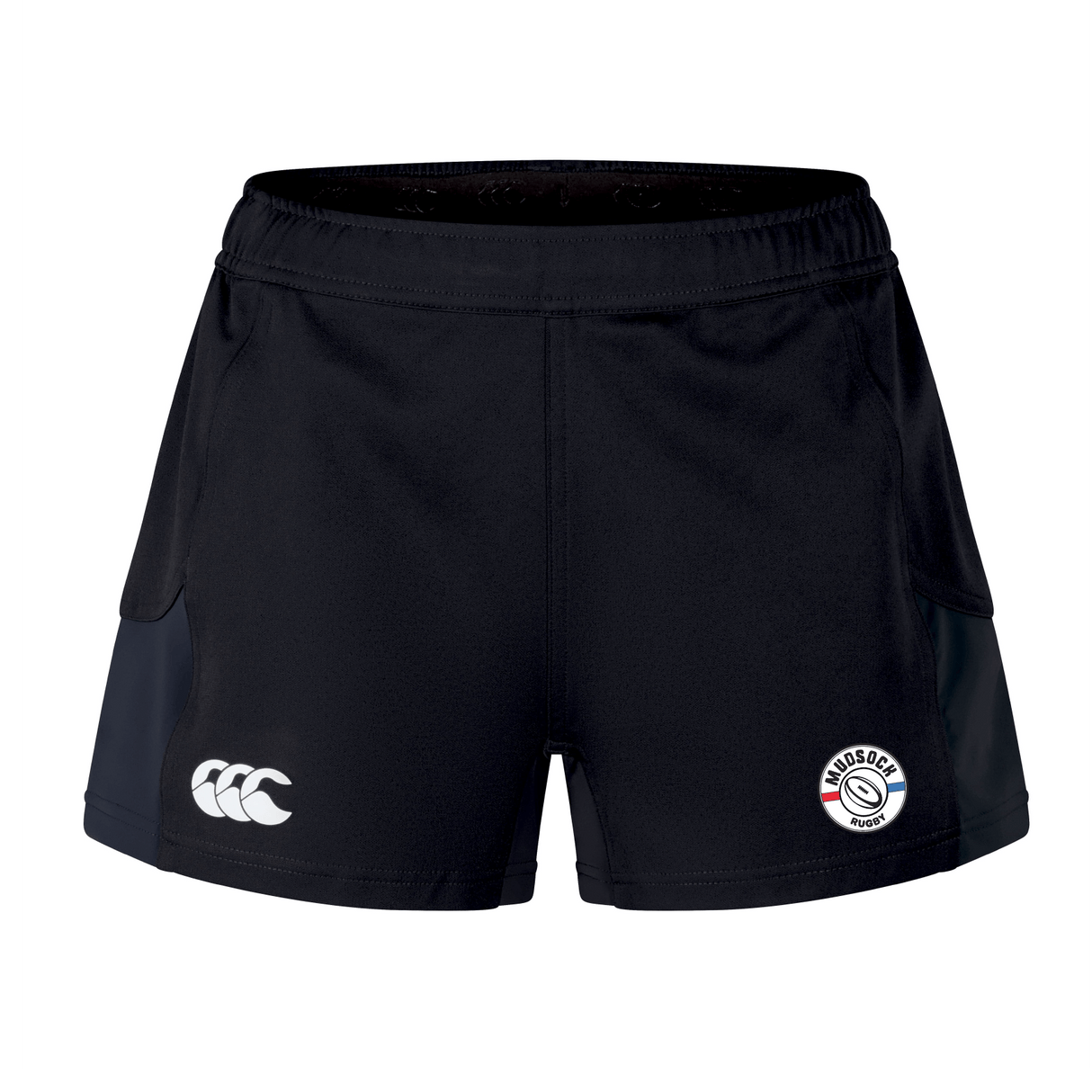 Introducing the Mudsock Rugby Women's Advantage Short 2.0 by EMB Canterbury, black athletic shorts made with recycled materials for sustainability. Featuring a left-side logo and right-side sports brand emblem, these shorts deliver both performance and eco-friendly style.