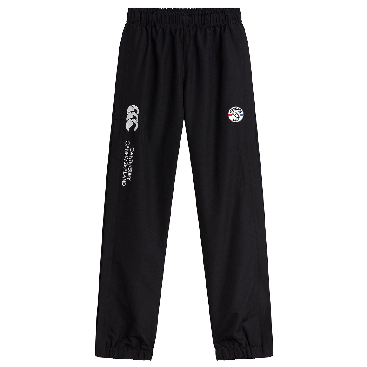 The Mudsock Rugby Cuffed Hem Stadium Pant by EMB Canterbury features the iconic Canterbury logo on the right leg, an elastic waistband, and cuffed hems.