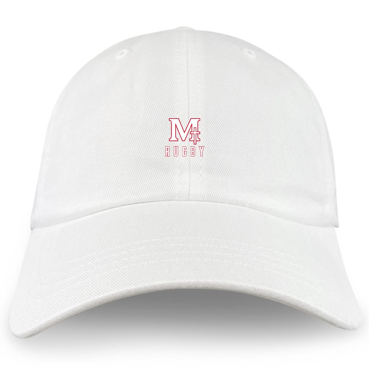 The San Joaquin Memorial Adult Low-Profile Cotton Twill Dad Cap by EMB S&S Activewear is a white dad cap featuring a small red "M" with cross and "RUGBY" embroidered on the front.
