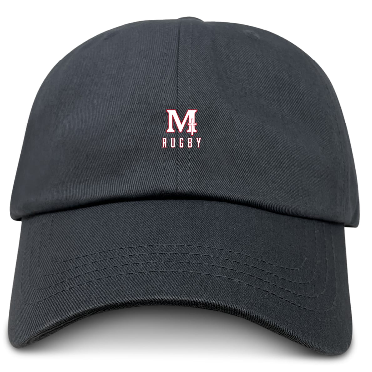 The San Joaquin Memorial Adult Low-Profile Cotton Twill Dad Cap by EMB S&S Activewear is a black cotton twill cap with an embroidered "M" with cross and "RUGBY" in white and red on the front for distinctive team branding.