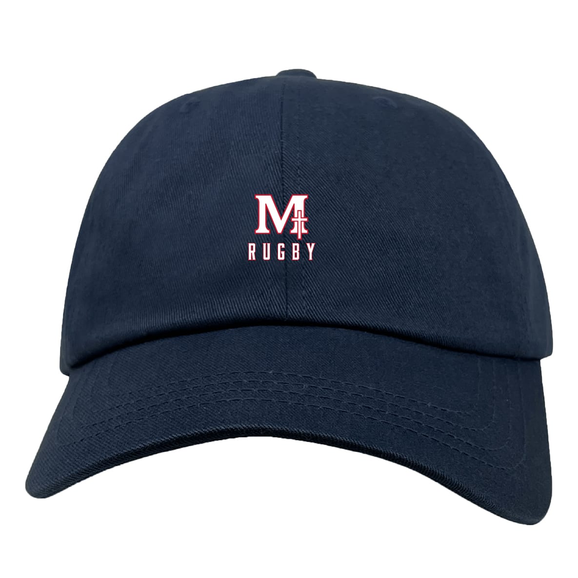 The San Joaquin Memorial Adult Low-Profile Cotton Twill Dad Cap by EMB S&S Activewear features a navy blue design with an embroidered red and white "M Rugby" logo on the front.