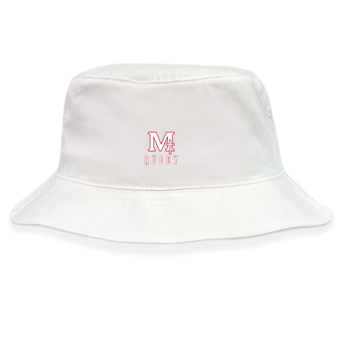 The San Joaquin Memorial Crusher Bucket Cap by EMB S&S Activewear is a white cotton twill hat featuring a small red "M" and "RUGBY" embroidered on the front, combining classic style with sun protection.