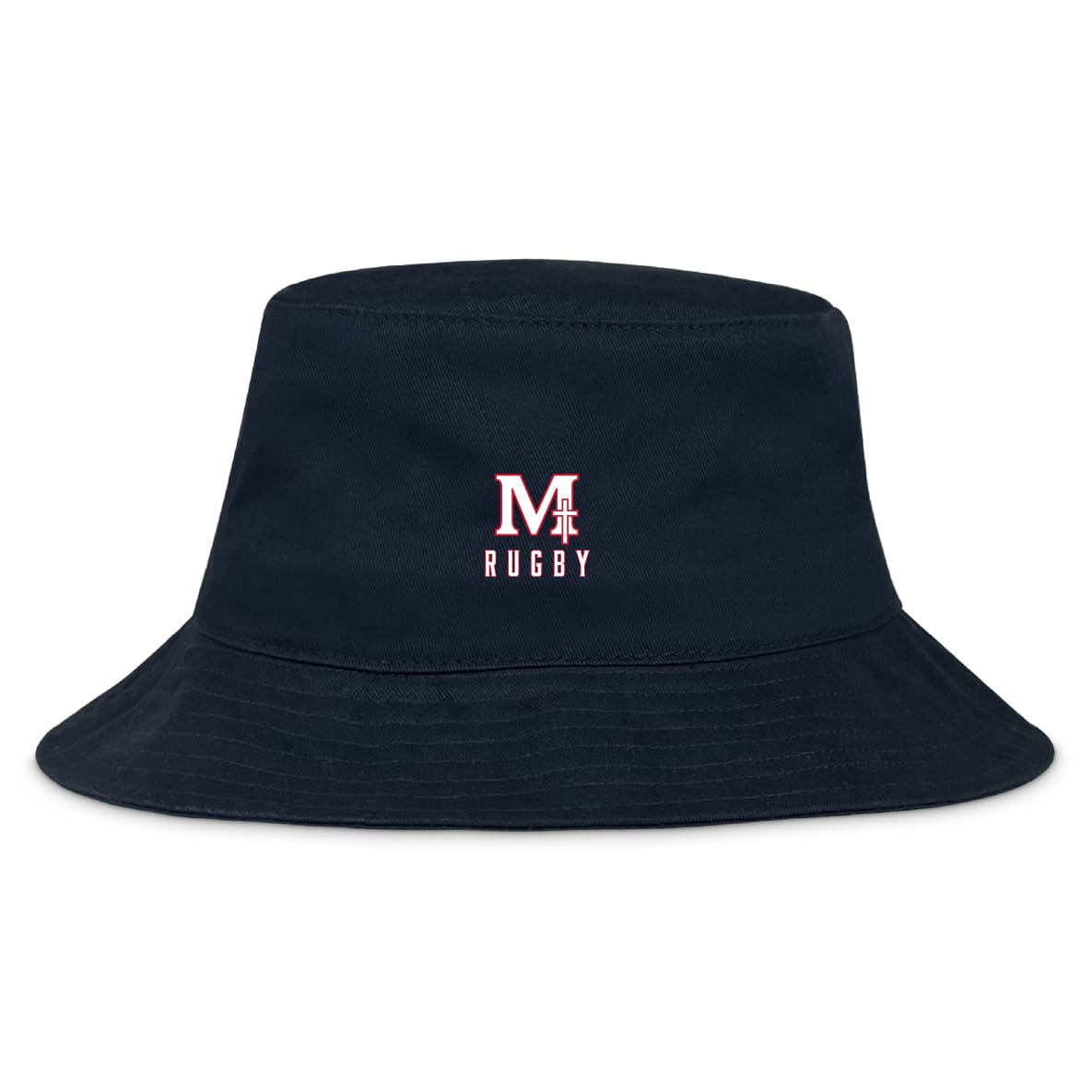 The San Joaquin Memorial Crusher Bucket Cap by EMB S&S Activewear is a black cotton twill hat with a red and white "M Rugby" logo embroidered on the front, combining classic style with sun protection.
