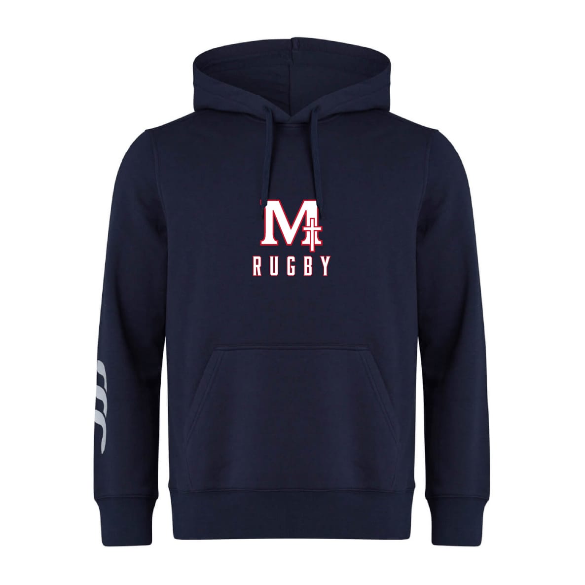 Show your team spirit in the San Joaquin Memorial Club Hoodie by WRS Canterbury: a navy rugby hoodie with "M Rugby" in white and red on the chest, drawstring hood, front pocket, and a white graphic on the right sleeve.