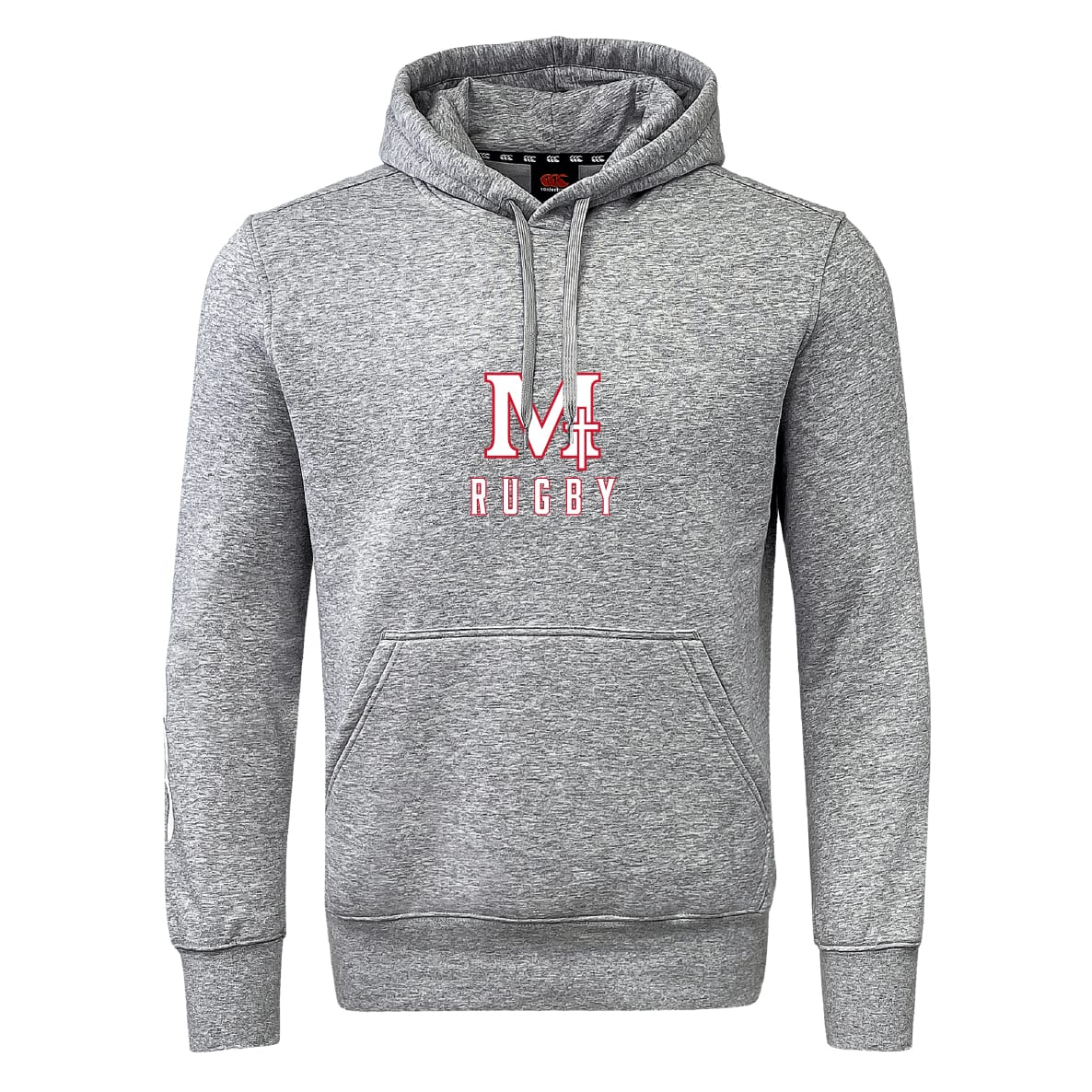 The San Joaquin Memorial Club Hoodie by WRS Canterbury is a grey team sweatshirt with a front pocket, featuring "M H" and "RUGBY" in white and red—ideal as a custom rugby hoodie for fans or players.