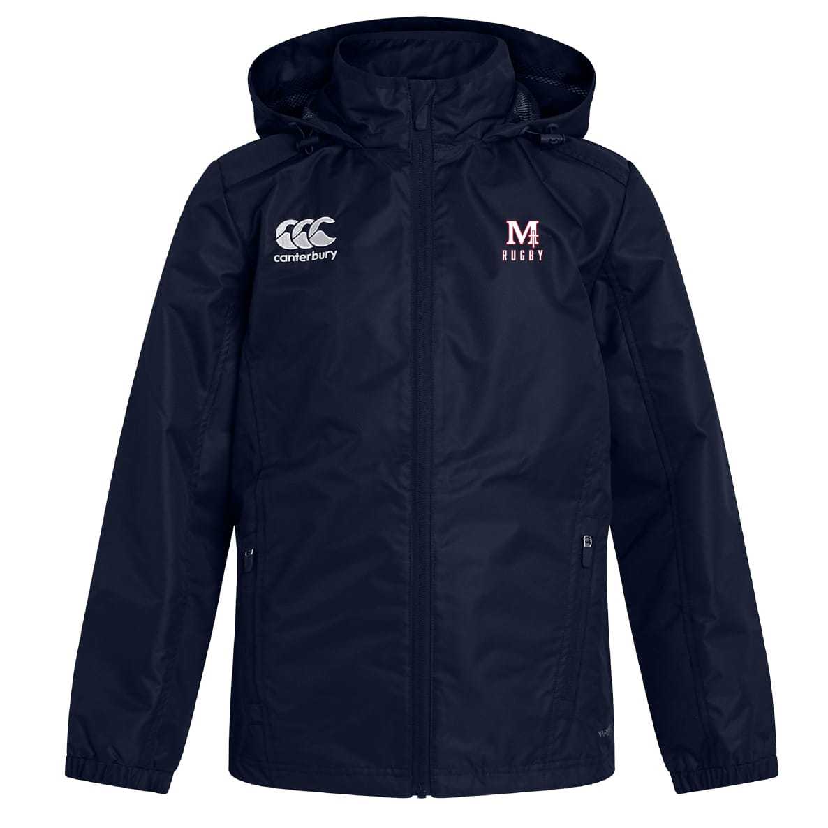 The San Joaquin Memorial Club Vaposhield Stadium Jacket by EMB Canterbury is a navy blue, water-repellent hooded jacket featuring white "Canterbury" and "M Rugby" chest logos, displayed against a plain background.