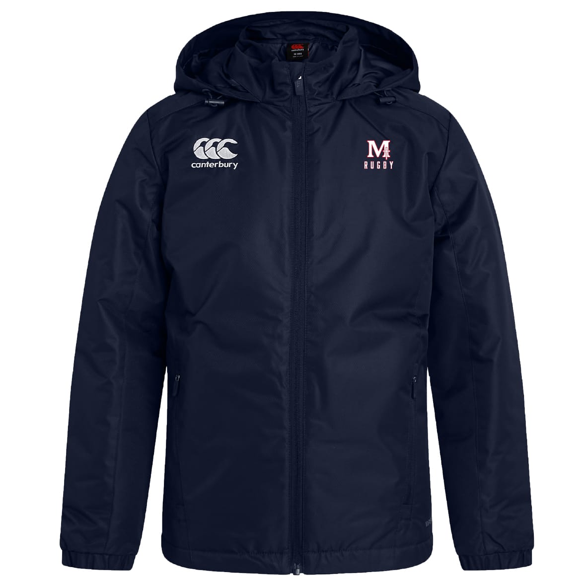 The San Joaquin Memorial Club Vaposhield Full Zip Rain Jacket by EMB Canterbury is a navy blue rugby rain jacket with a front zipper, VapoShield water-resistance, white Canterbury logo on the right chest and "M Rugby" on the left.