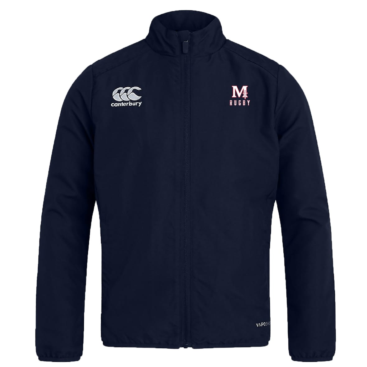 The San Joaquin Memorial Club Track Jacket by EMB Canterbury is a navy blue jacket with white "Canterbury" and "M4 Rugby" chest logos, zip front, and stand-up collar—ideal for training or everyday wear.