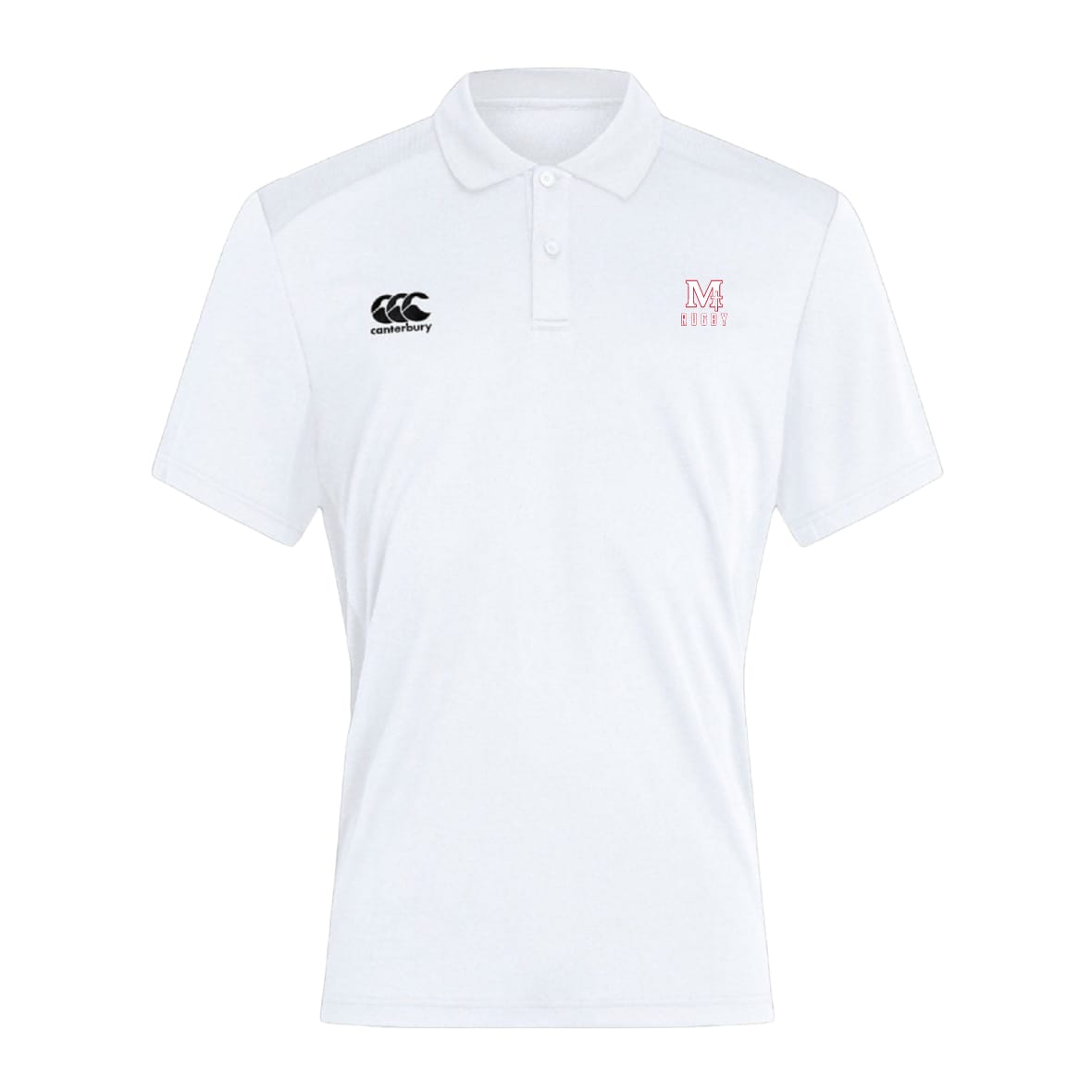 The San Joaquin Memorial Waimak Polo by EMB Canterbury is a white short-sleeve polo with a collar, black CCC logo on the right chest, and red "M Rugby" logo on the left—ideal for any rugby fan.