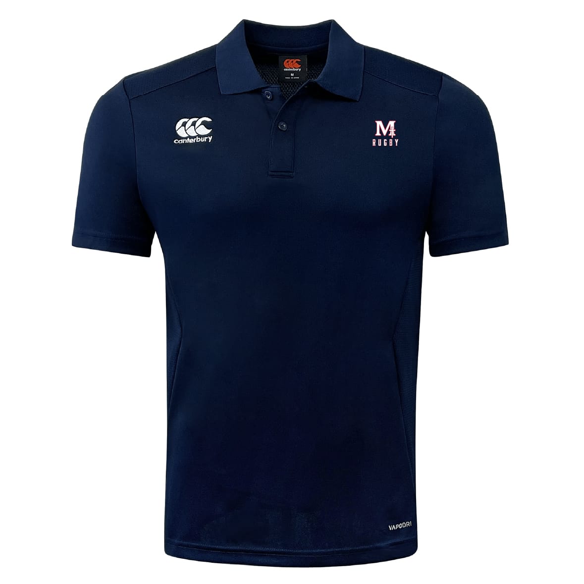 The San Joaquin Memorial Club Dry Polo by EMB Canterbury is a navy short-sleeve polo with "M Rugby" logos, a buttoned collar, and Vapodri tech for breathable comfort.