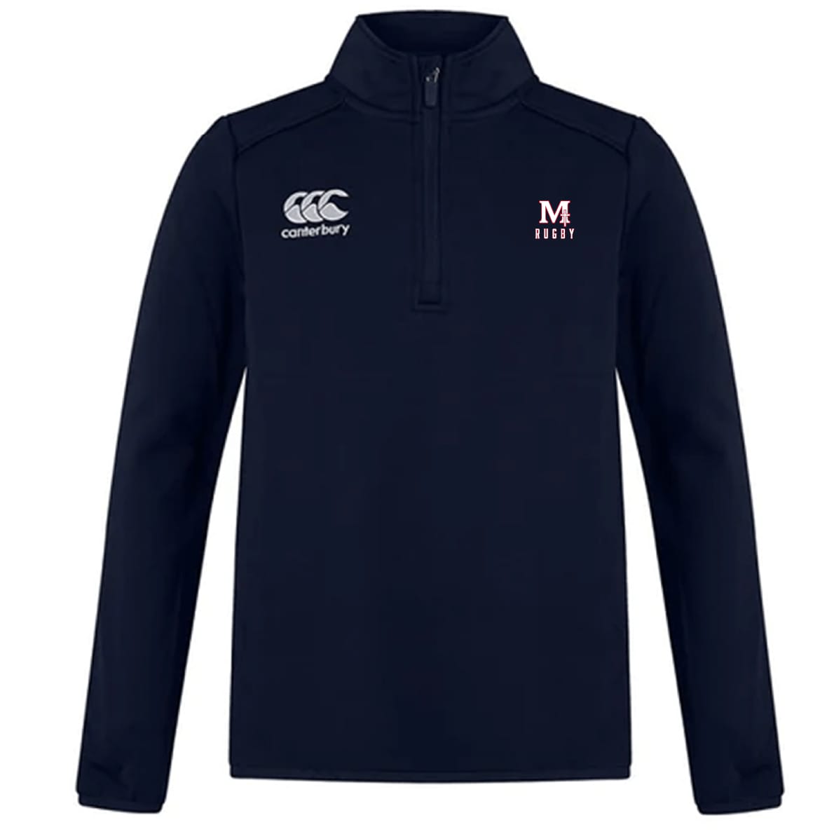 The EMB Canterbury San Joaquin Memorial Club 1/4 Zip Mid Layer Training Top features a navy design with a Canterbury logo on the right chest and "M Rugby" logo on the left, ideal for rugby training sessions.