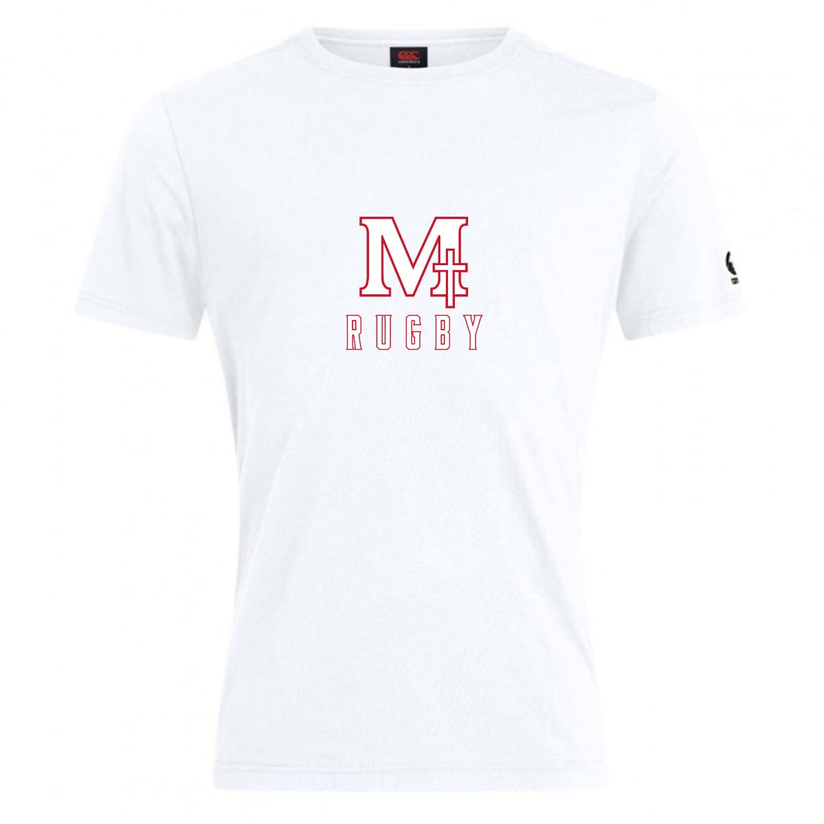 The WRS Canterbury San Joaquin Memorial Club Plain Tee by Canterbury is a white cotton-blend t-shirt featuring a red "M" and "RUGBY" on the front, a small black sleeve logo, and offers customizable comfort and style for rugby fans.