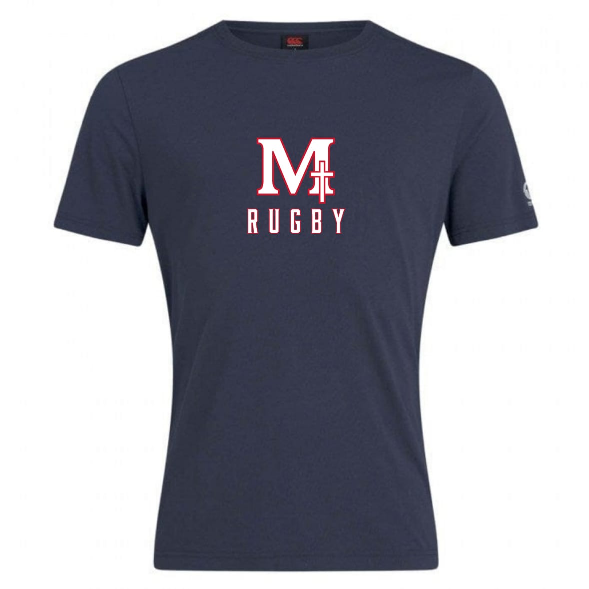 The San Joaquin Memorial Club Plain Tee by WRS Canterbury is a navy blue cotton blend shirt with a large white and red "M" logo, rugby goalpost design, and "RUGBY" printed underneath.