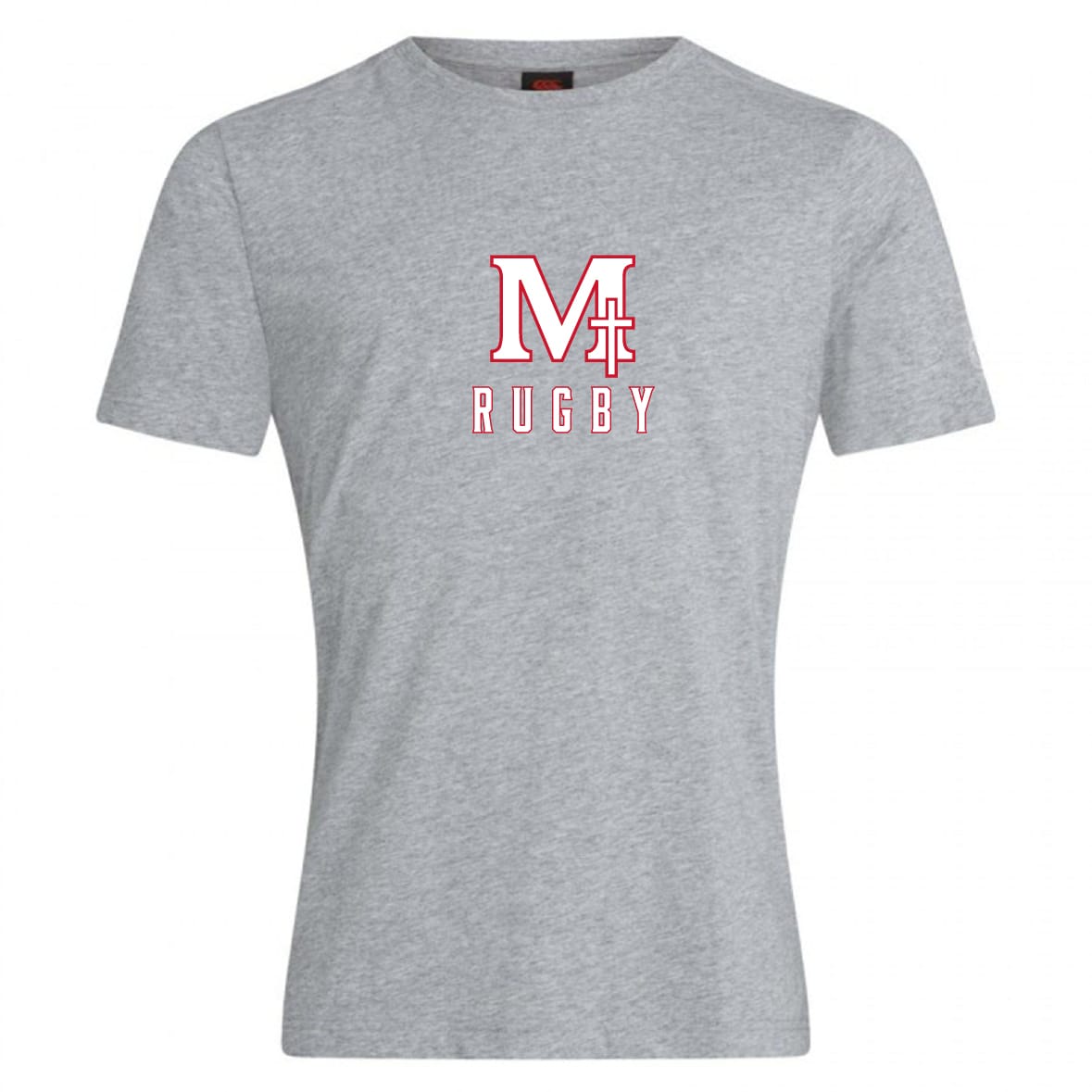 The San Joaquin Memorial Club Plain Tee by WRS Canterbury is a light gray cotton blend short-sleeve shirt with a large red “M” and rugby goal graphic above “RUGBY” printed on the chest.