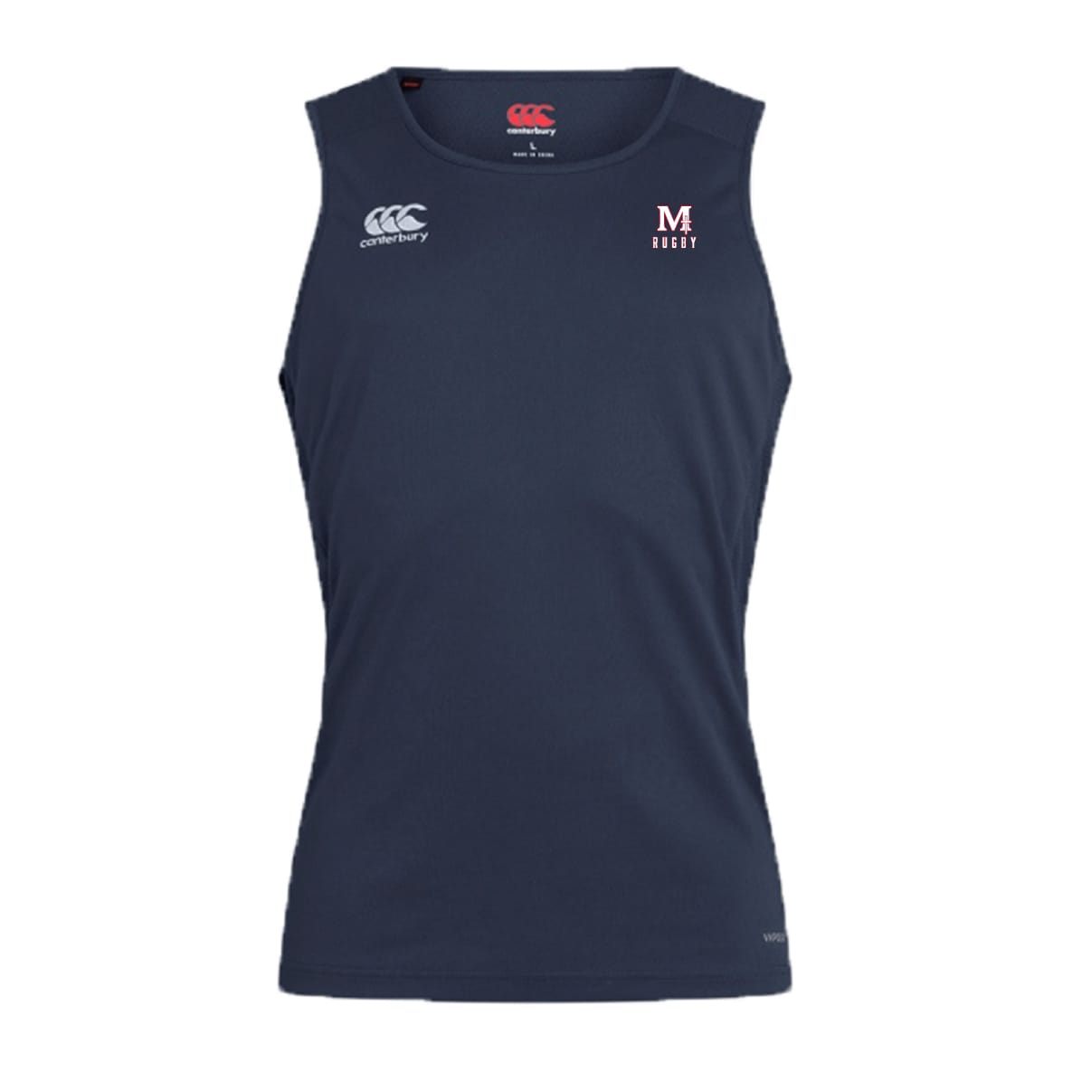 Sleeveless navy blue San Joaquin Memorial Club Dry Singlet by EMB Canterbury, featuring "Canterbury" and "M Rugby" chest logos and Vapodri Technology for premium comfort.