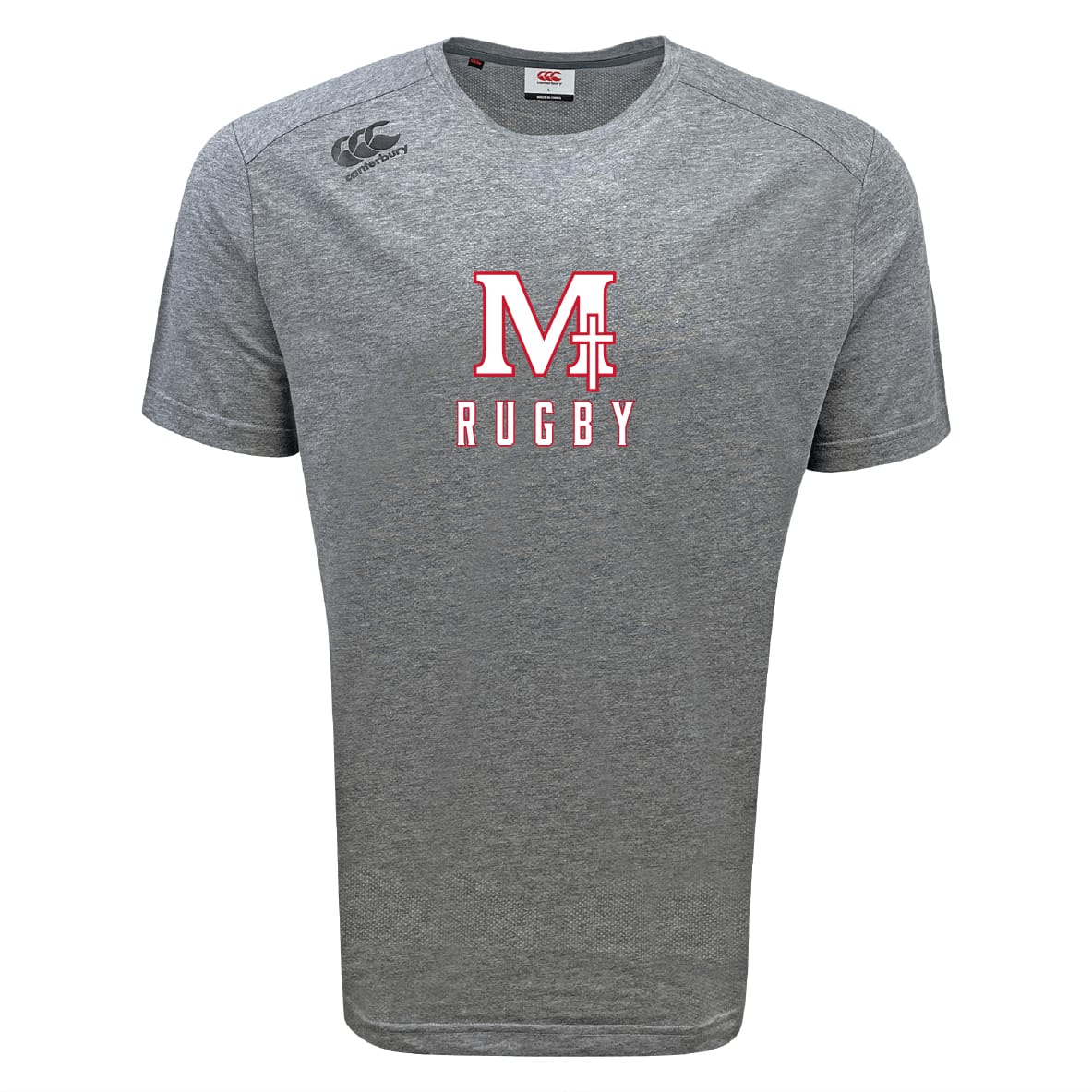 The San Joaquin Memorial Tempo Vapodri T-Shirt by WRS Canterbury is a gray short-sleeve athletic tee with "M Rugby" and a red and white rugby post graphic on the front, plus the Canterbury logo on the right shoulder.
