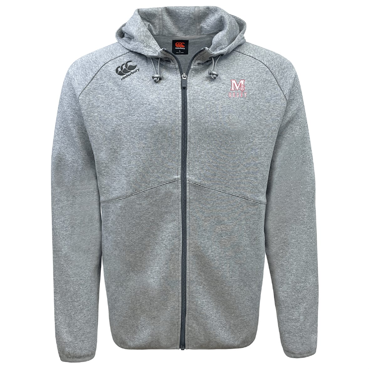 San Joaquin Memorial Tempo Vapodri Full-Zip Hoodie by EMB Canterbury in light gray, featuring two chest logos, drawstring hood, and two front pockets. Stylish with advanced moisture-wicking tech. Displayed on a white background.