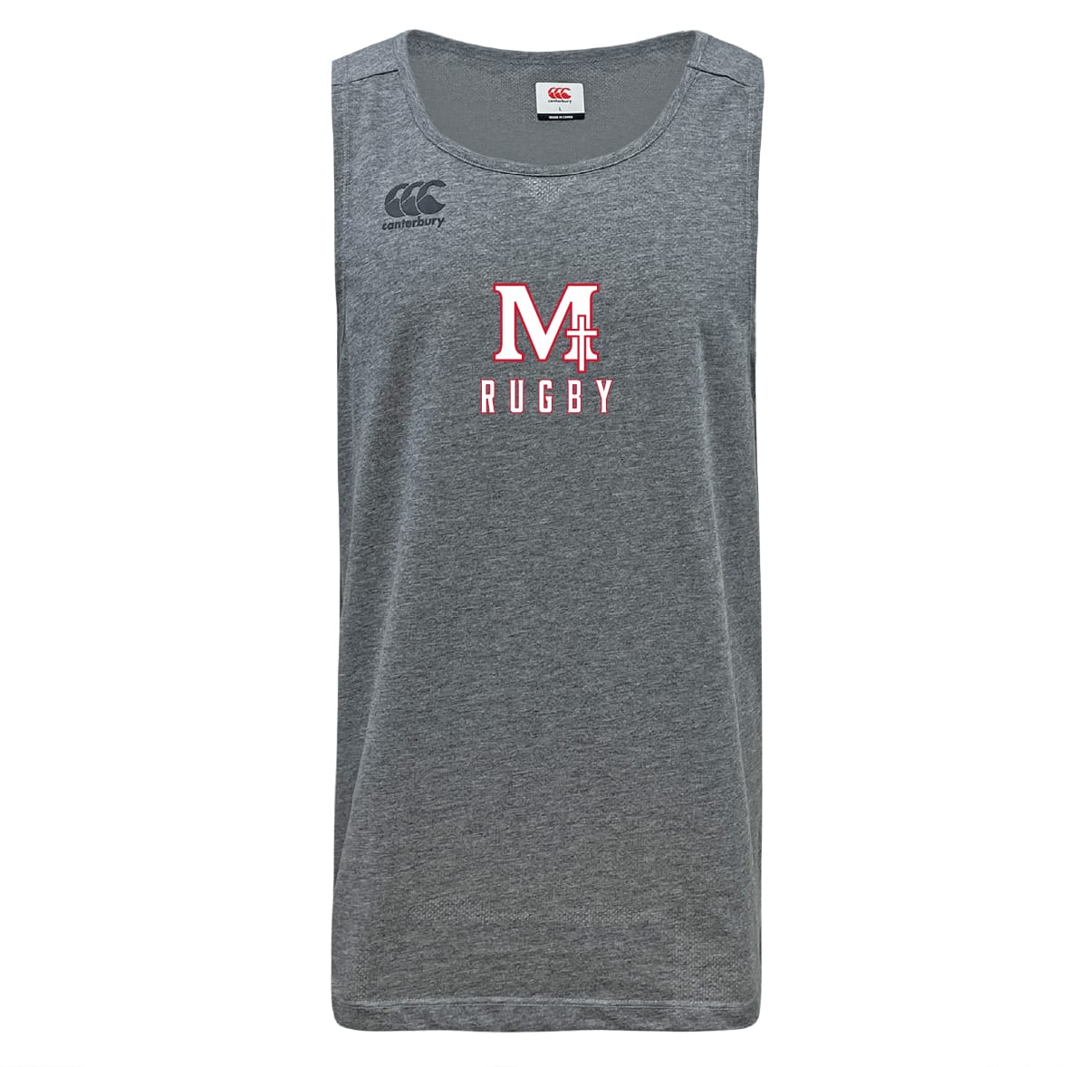 The WRS Canterbury San Joaquin Tempo Vapodri Singlet is a gray sleeveless tank top made from recycled polyester, featuring "M RUGBY" in red and white on the front and a small Canterbury logo on the left shoulder. Enhanced with VapoDri technology.
