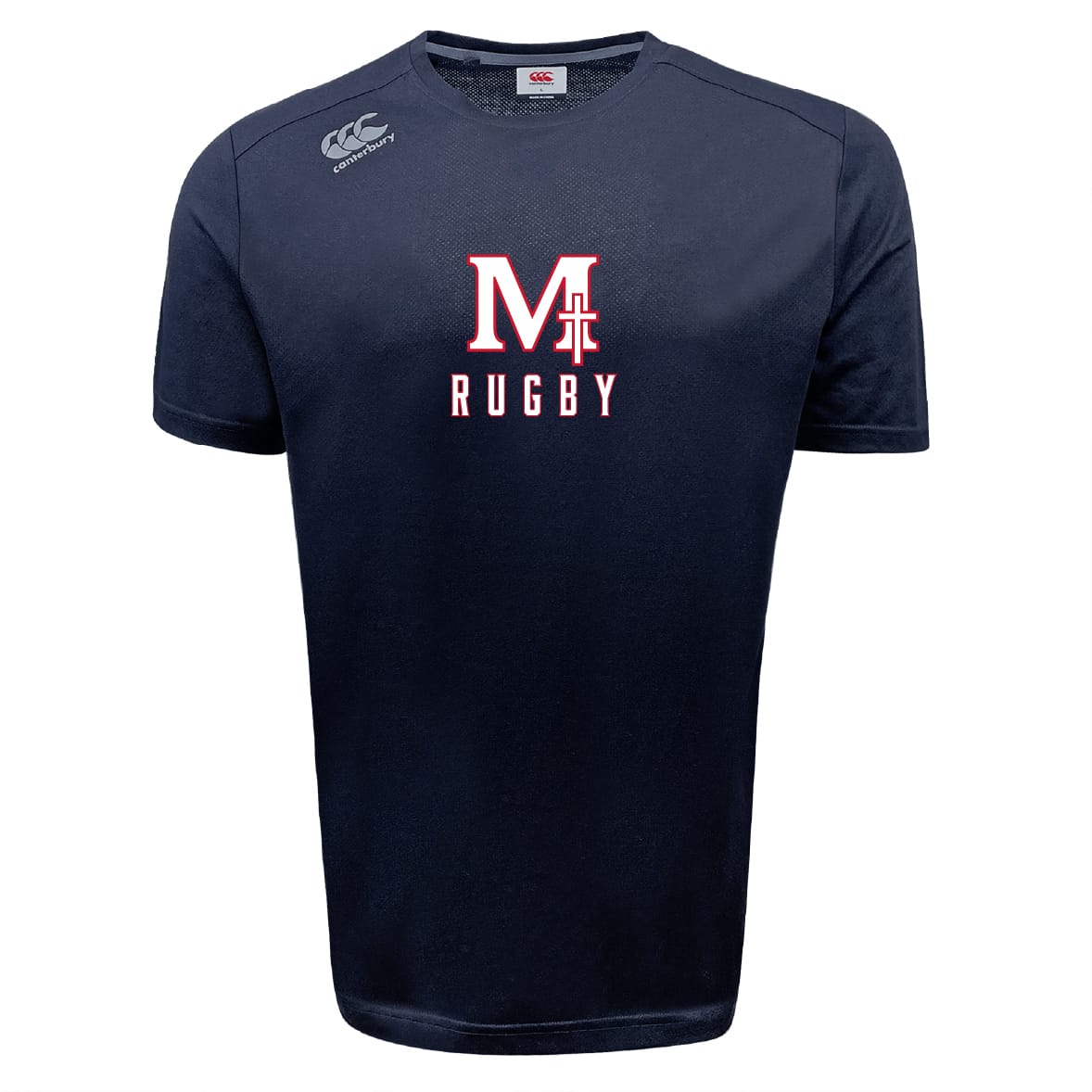 The San Joaquin Tempo Vapodri T-Shirt by WRS Canterbury is a navy blue, short-sleeve sports tee with a white and red "M Rugby" logo on the chest and a small "Canterbury" logo on the right shoulder, made for athletic performance.