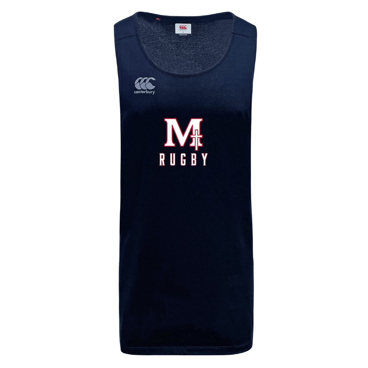 The San Joaquin Tempo Vapodri Singlet by WRS Canterbury is a navy blue, sleeveless rugby jersey made from recycled polyester, featuring VapoDri moisture management and "M Rugby" with the Canterbury logo on the upper left.