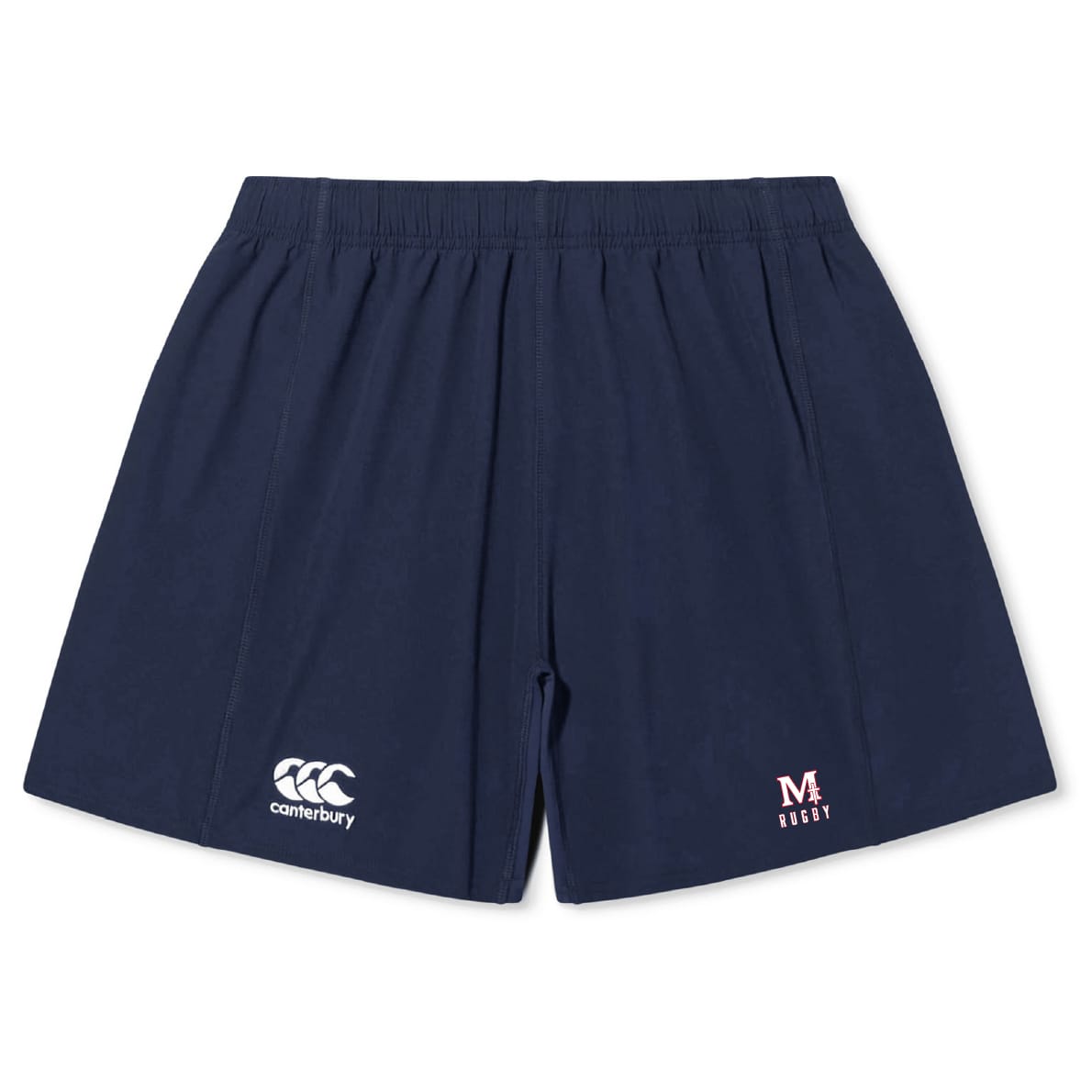The San Joaquin Memorial Yokohama Short by EMB Canterbury is a navy rugby short with an elastic waistband and white Canterbury and M Rugby logos on the front.
