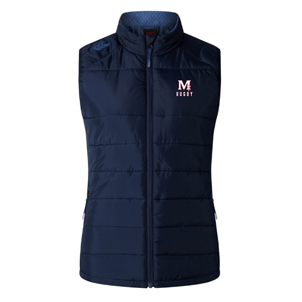San Joaquin Memorial Women's Elite Microlite Gilet by EMB Canterbury—navy, sleeveless puffer with insulated baffles, front zipper, and "MA Rugby" logo on left chest.