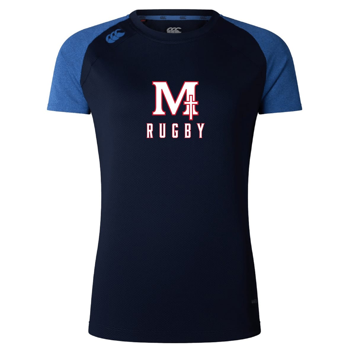 The San Joaquin Memorial Women's Elite Training Tee by WRS Canterbury is a navy blue shirt with blue short sleeves and a bold red and white "M Rugby" logo—lightweight for intense training and all-day comfort.