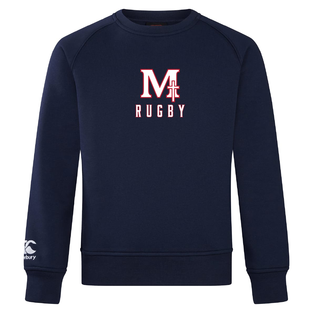 The San Joaquin Club Crew Sweatshirt by WRS Canterbury features "M Rugby" and a cross on the chest, ultra-soft navy blue fabric, and a small embroidered CCC logo on the left sleeve.