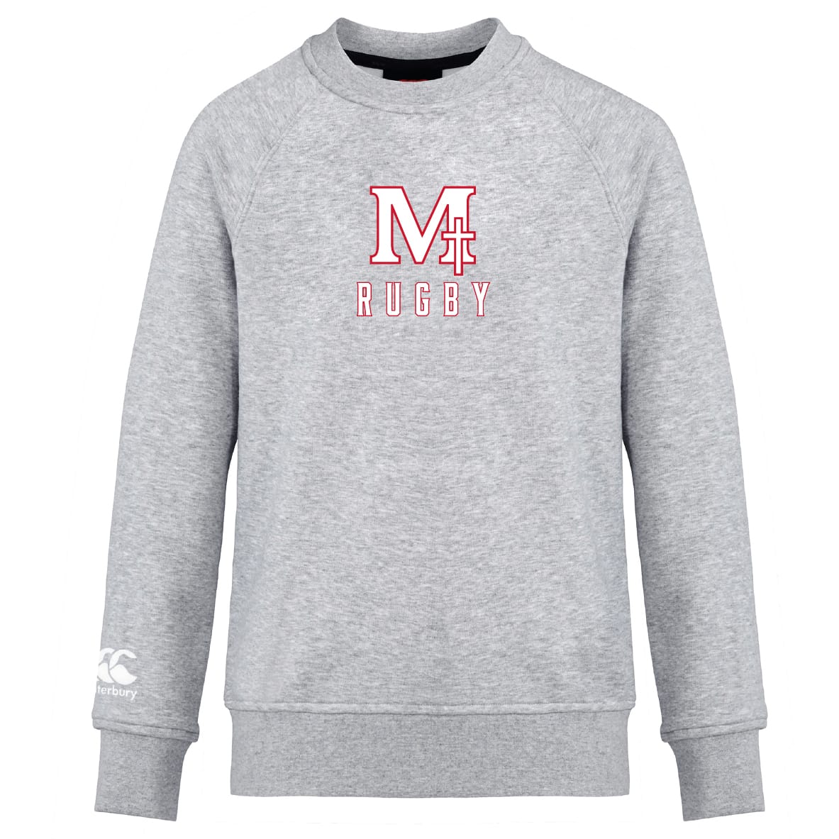 The San Joaquin Club Crew Sweatshirt by WRS Canterbury is a light grey ultra-soft sweatshirt with “M4 Rugby” in red and white on the chest and an embroidered CCC logo on the left sleeve.