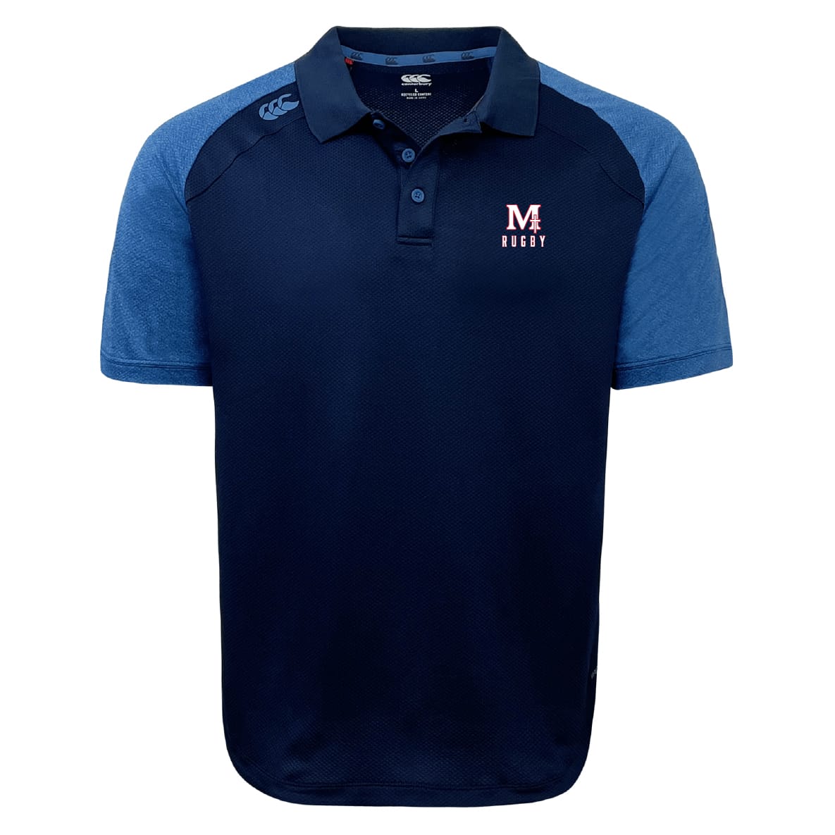 The San Joaquin Memorial Elite Polo by EMB Canterbury features navy and light blue short sleeves, the "M4 Rugby" logo on the left chest, and is made from Vapodri fabric for lightweight comfort.