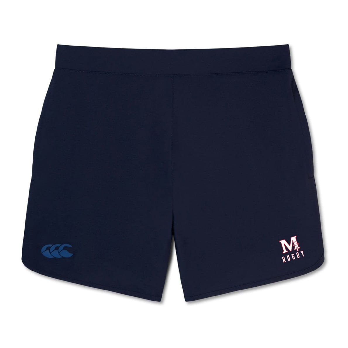 The San Joaquin Memorial Elite Woven Short by EMB Canterbury features a blue logo on the left leg and "MA RUGBY" in red/white on the right—perfect for training or gym sessions.