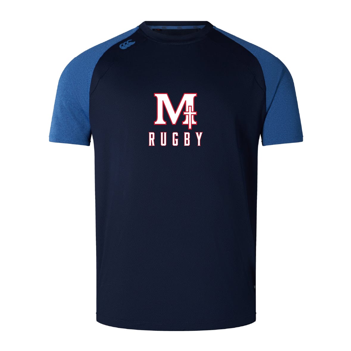 The WRS Canterbury San Joaquin Memorial Elite Training Tee is a navy blue rugby shirt with short blue sleeves, made from lightweight durable Vapodri fabric, and features a bold white and red "M" with "RUGBY" printed on the chest.