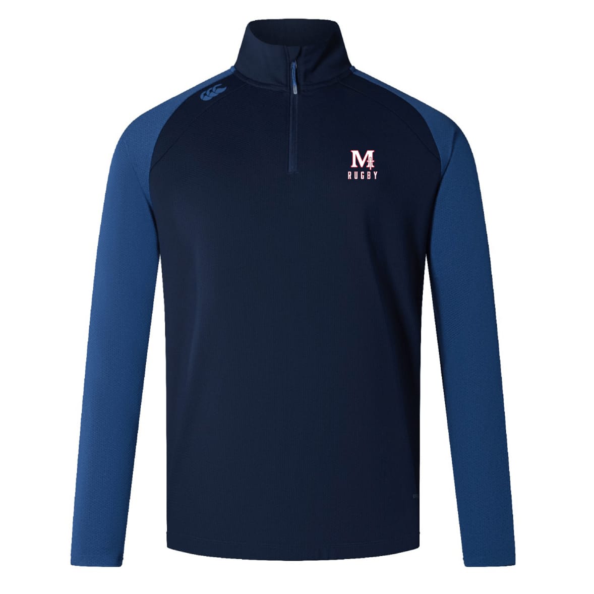 The San Joaquin Memorial Elite First Layer by EMB Canterbury is a navy and blue long-sleeve quarter-zip rugby top with the "M Rugby" logo on the chest and a small Canterbury logo on the shoulder.