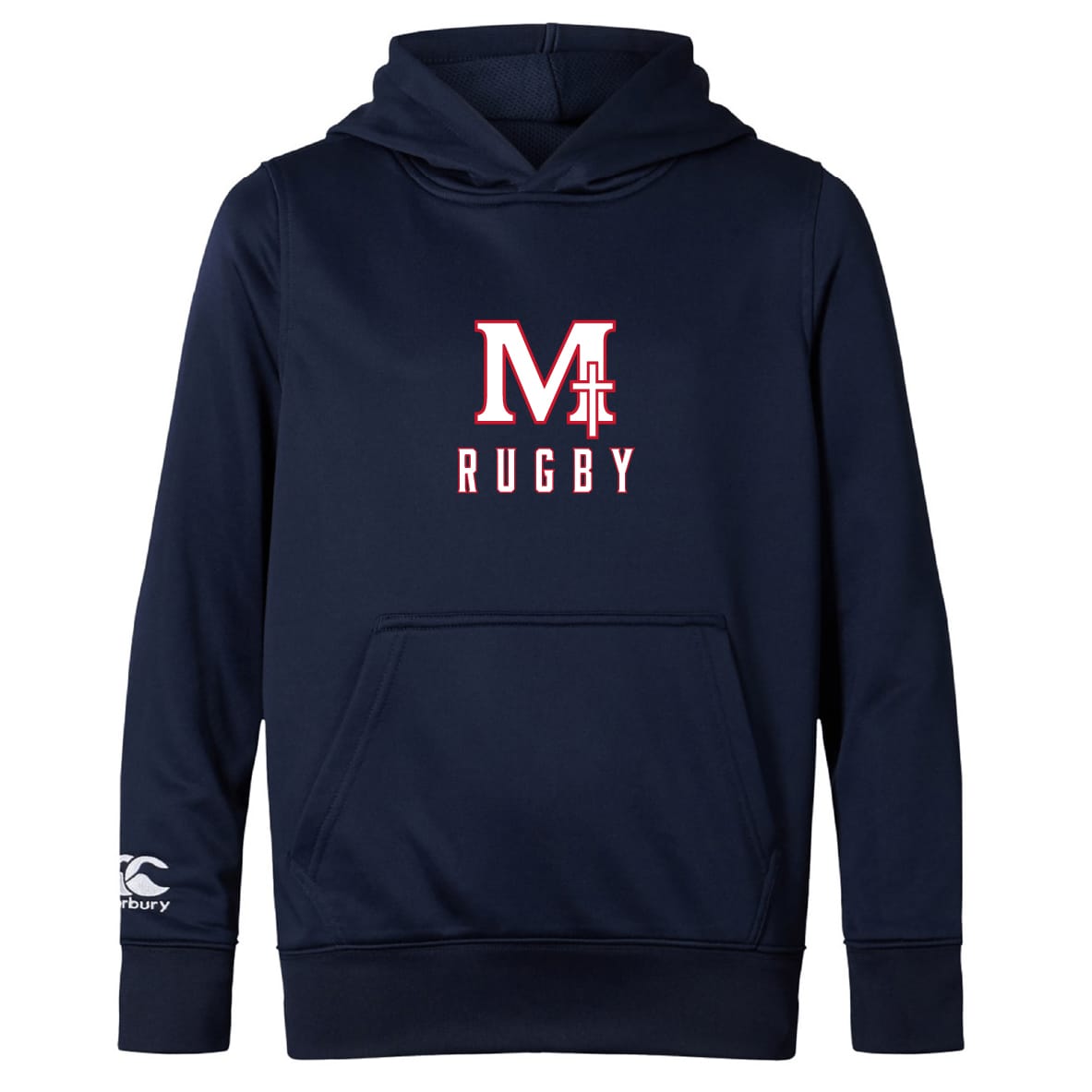 The San Joaquin Club Lightweight Hoodie by WRS Canterbury features a large "M" and cross above "RUGBY" on the chest, kangaroo pocket, and Canterbury logo on the left sleeve. Navy blue, lightweight, perfect for comfort and style.