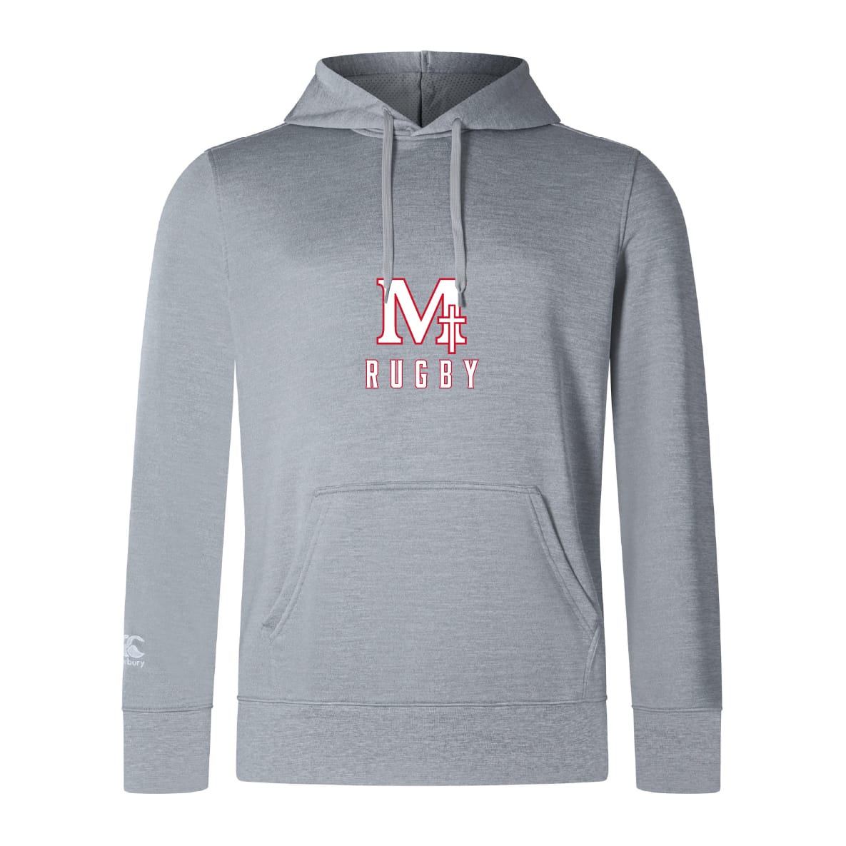 The San Joaquin Memorial Club Lightweight Hoodie by WRS Canterbury is a light gray hoodie with "M Rugby" in red and white on the front and features a classic kangaroo pocket.