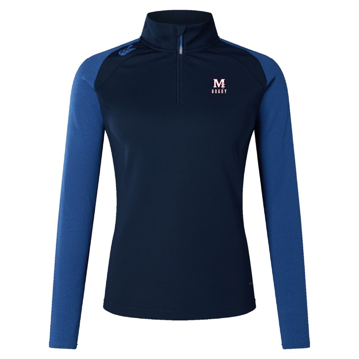 The San Joaquin Memorial Women's Elite First Layer by EMB Canterbury is a navy and blue long-sleeve athletic top with VapoDri tech, quarter-zip collar, "M Rugby" left chest logo, small right shoulder logo—ideal for elite women’s training.