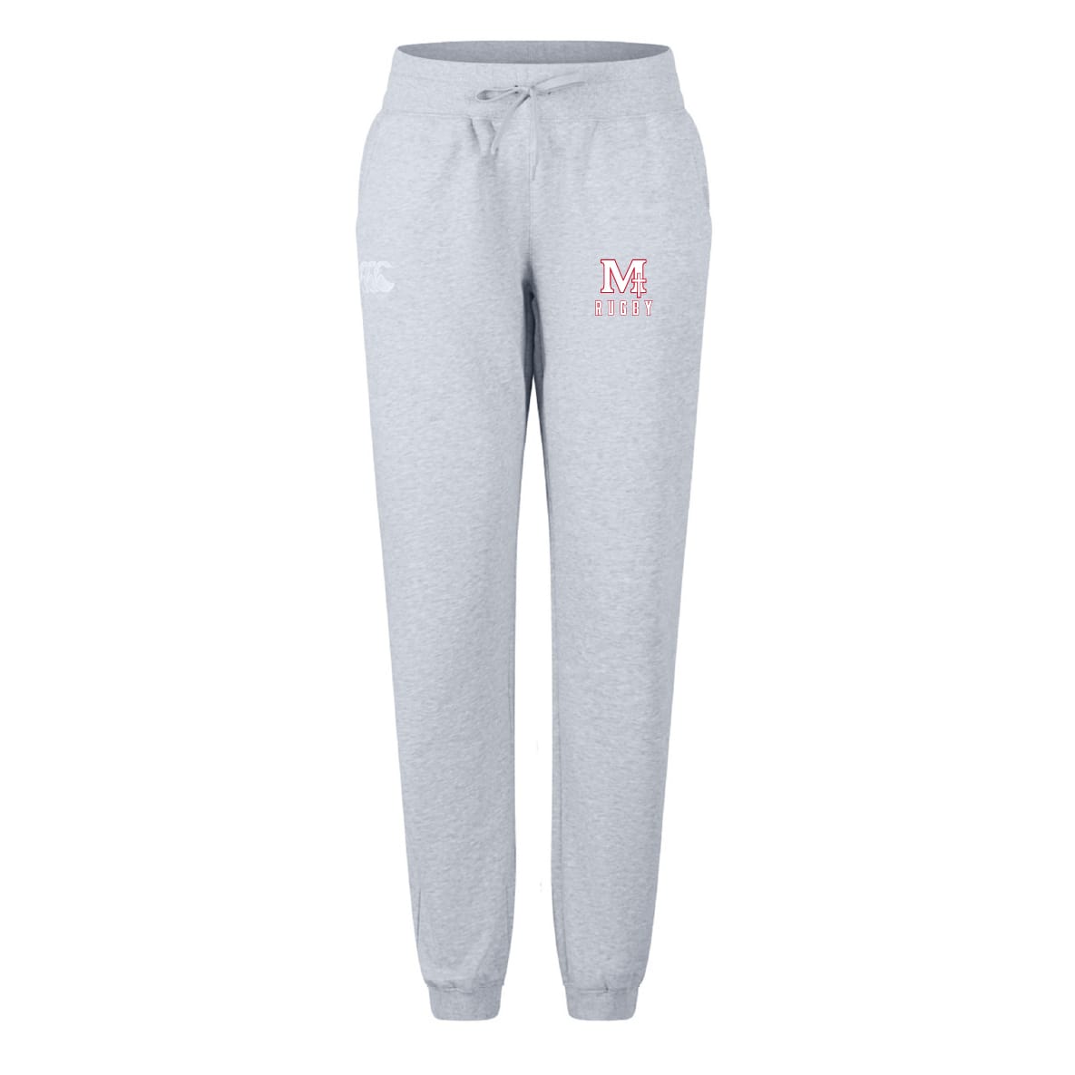 The San Joaquin Memorial Women's Leisure Sweatpant by EMB Canterbury features light gray fabric, an elastic waistband with drawstring, side pockets, and a red and white "M" Riders logo—ideal for casual comfort.