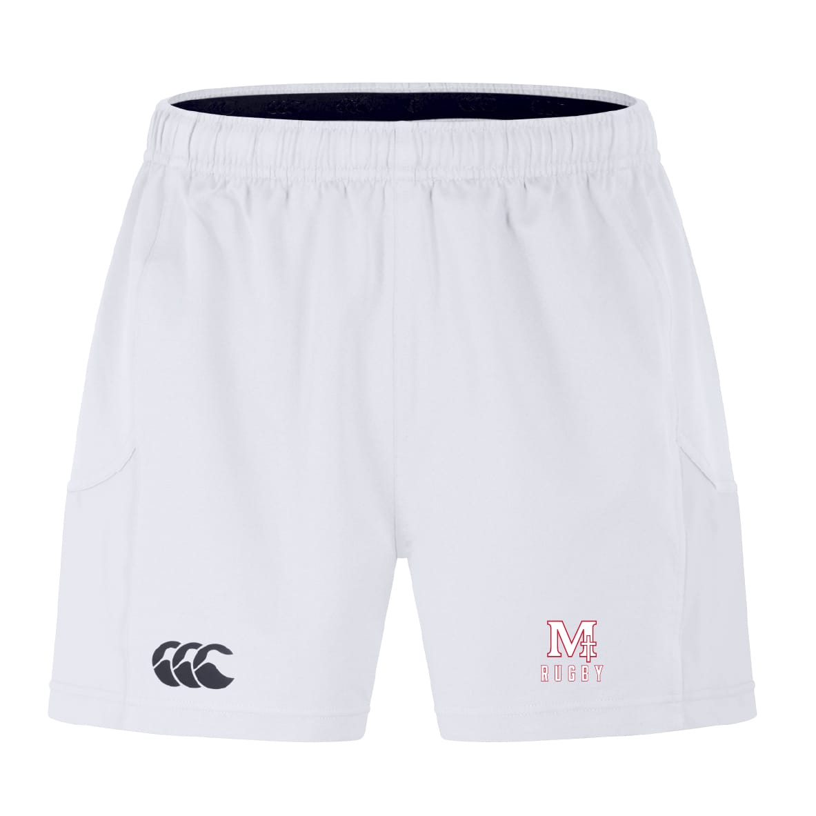 The San Joaquin Memorial Advantage Short 2.0 by EMB Canterbury features an elastic waistband, black Canterbury logo left leg, and red "M Rugby" logo right—sustainable athletic wear ideal for any rugby fan.