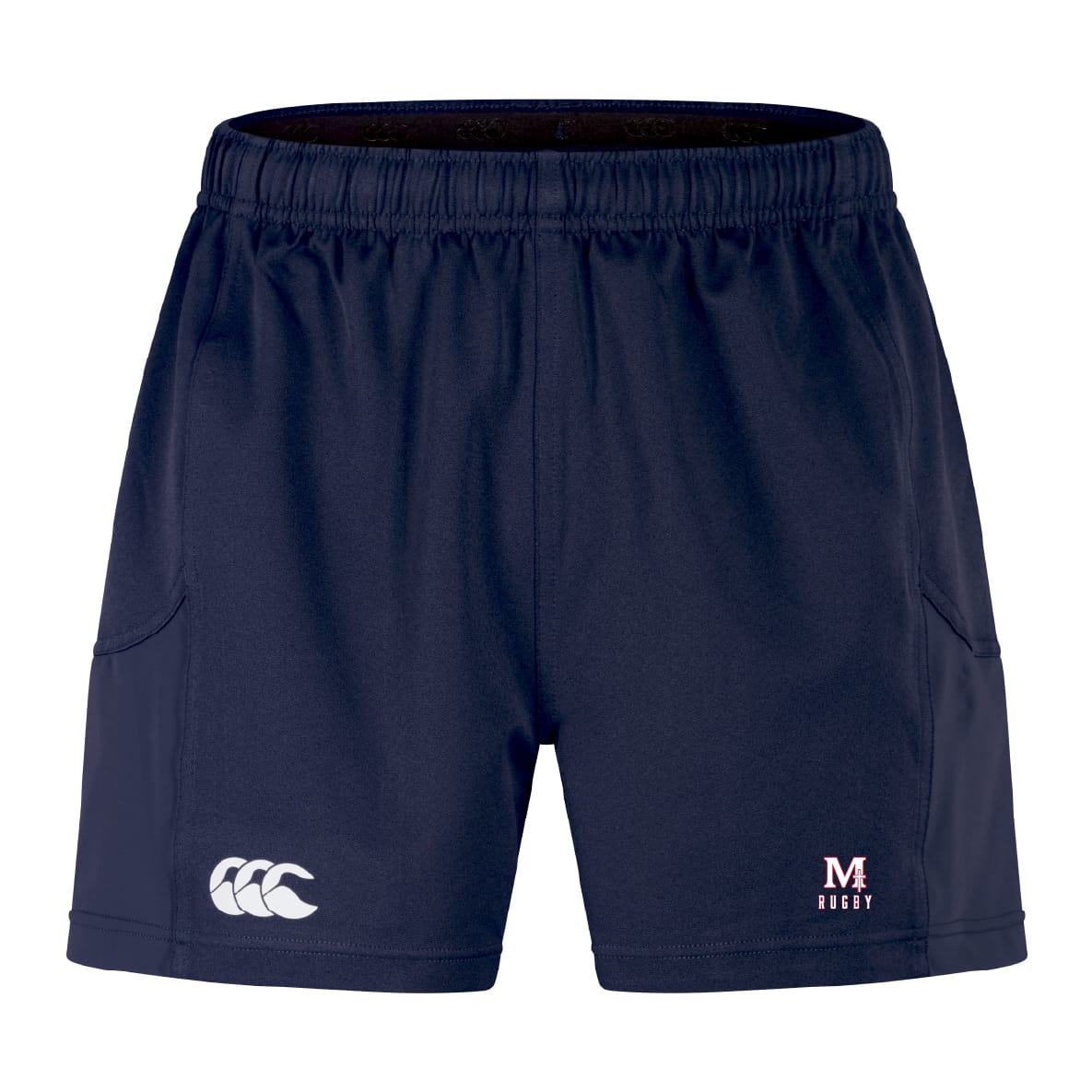 The San Joaquin Memorial Advantage Short 2.0 by EMB Canterbury features navy blue performance fabric, an elastic waistband, side pockets, and white Canterbury and M4 Rugby logos—ideal for those seeking sustainable athletic wear.
