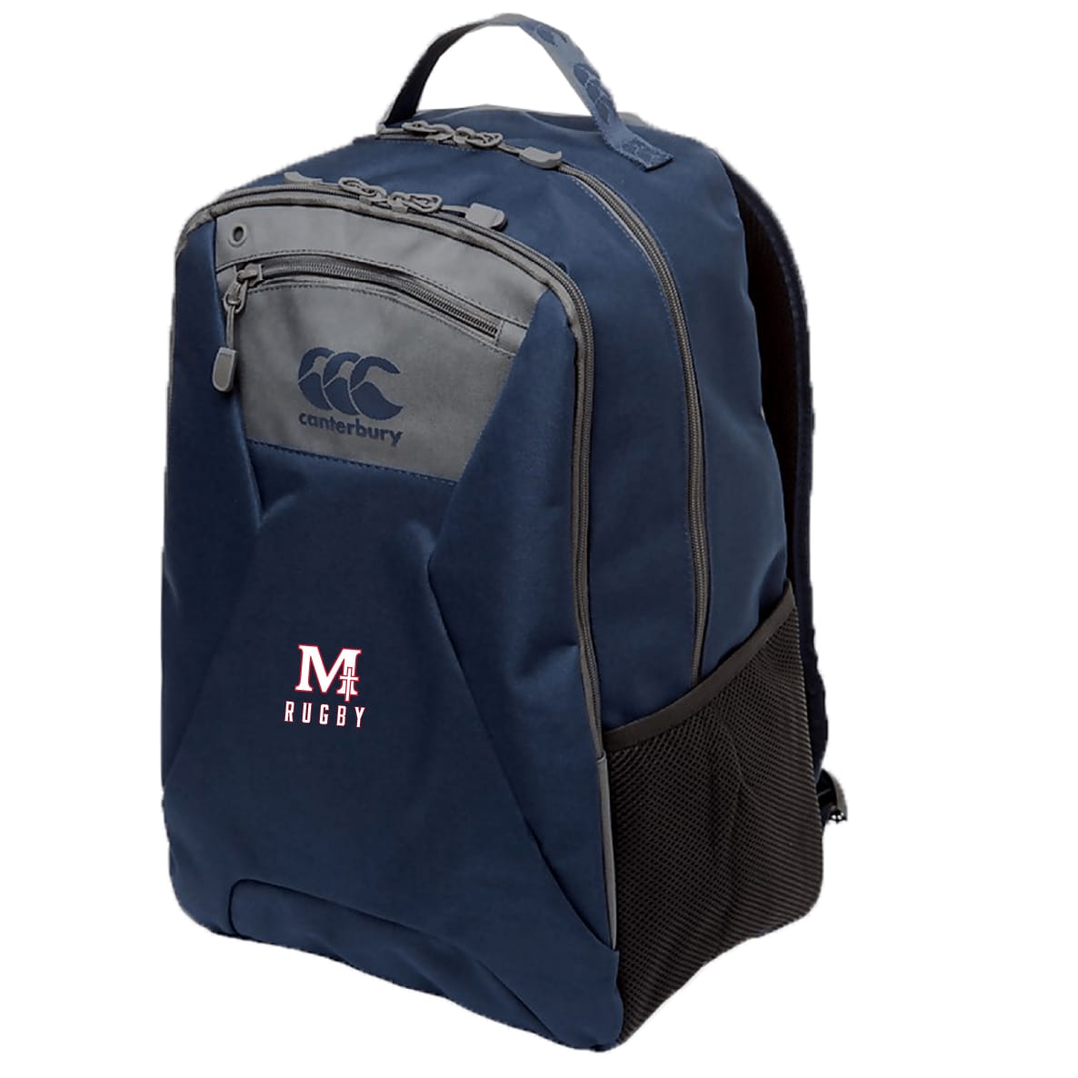 The San Joaquin Memorial Medium Backpack by EMB Canterbury features a front zip pocket, side mesh pocket, padded laptop pocket, and "M Rugby" logo. This water repellent backpack keeps your gear protected and organized.