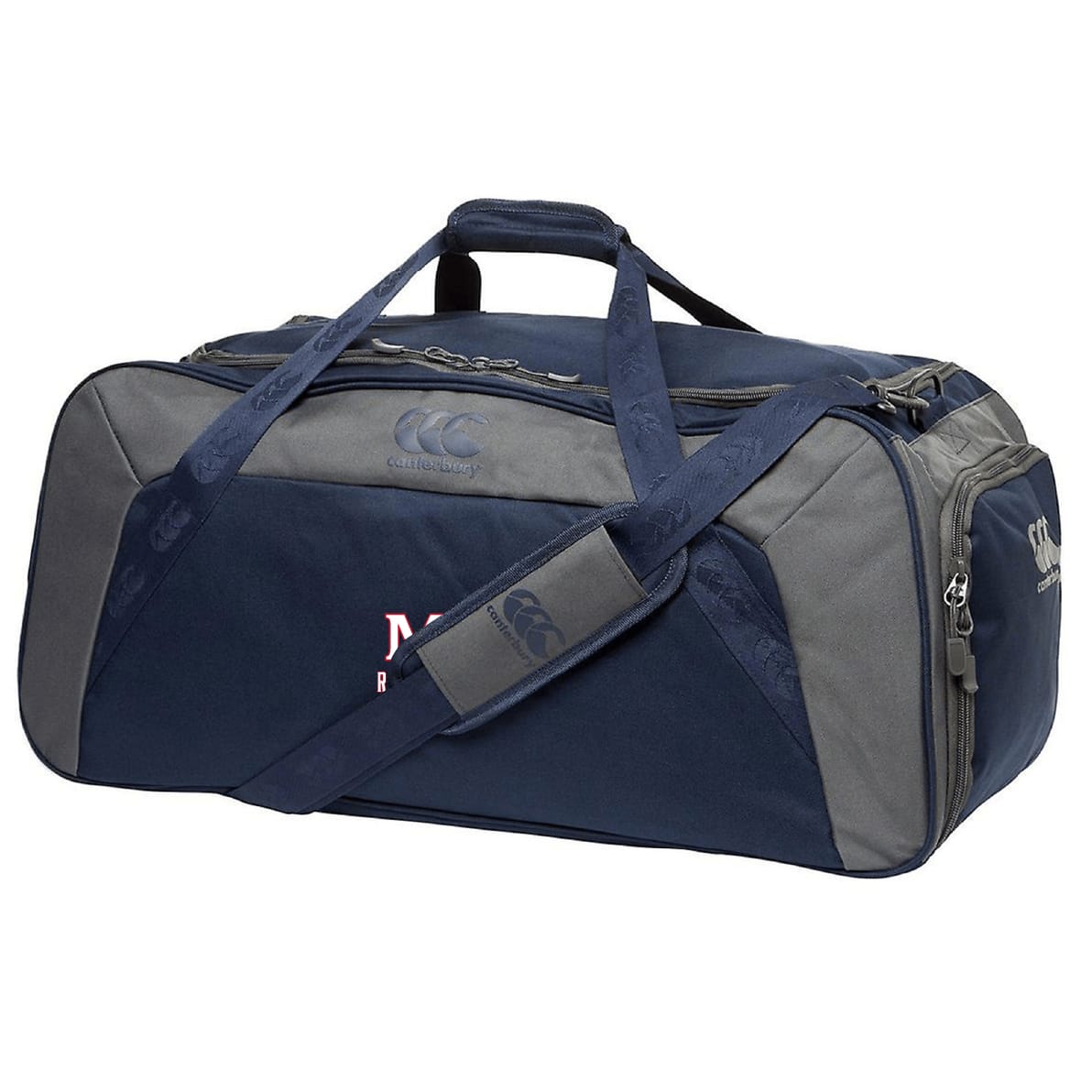 The San Joaquin Memorial Holdall Duffle Bag by EMB Canterbury features navy and gray colors, shoulder and hand straps, zippered pockets, and the iconic Canterbury logo—ideal for rugby gear or travel.