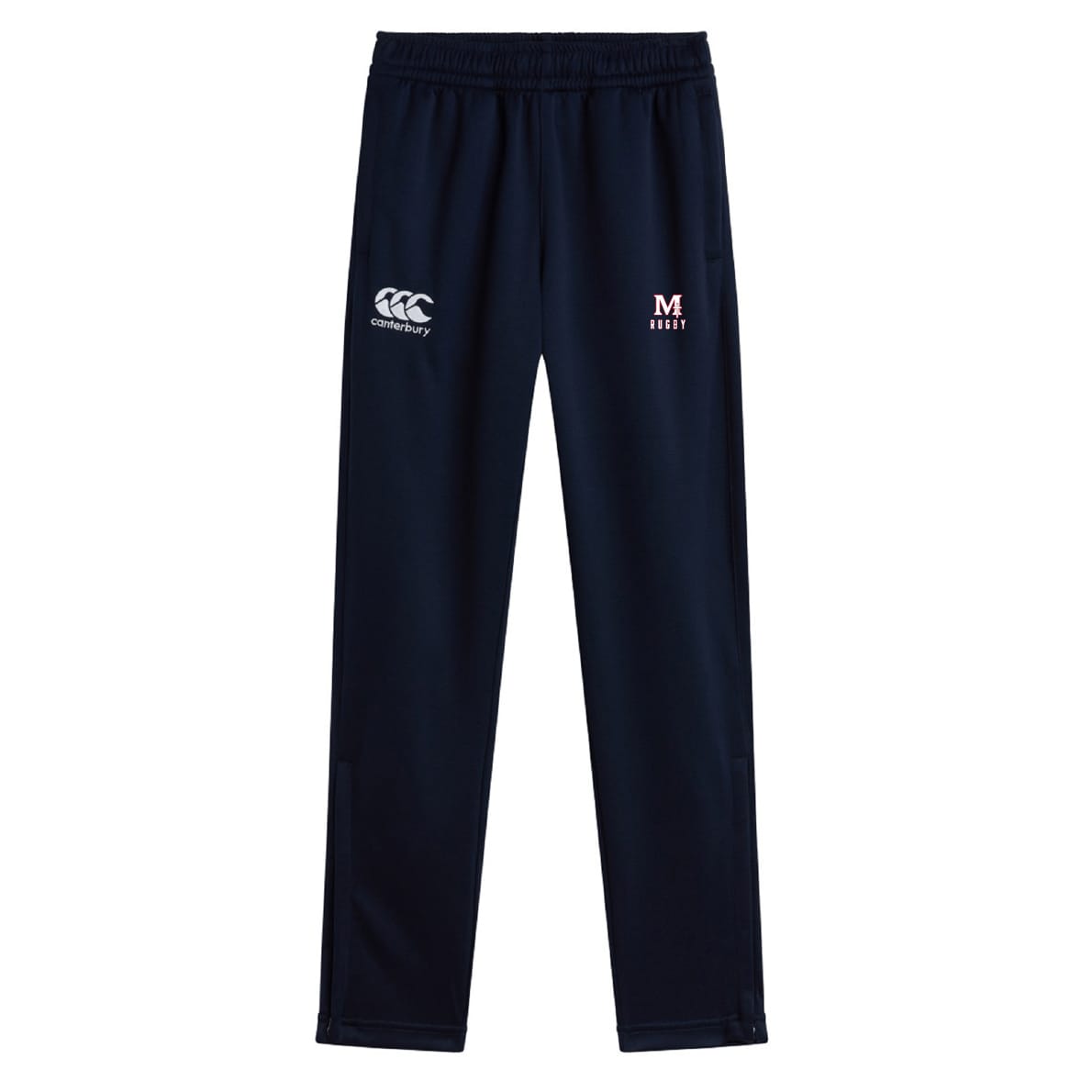 The San Joaquin Memorial Stretch Tapered Pant by EMB Canterbury features a navy blue design, elastic waistband, Canterbury logo left, M Rugby logo right. These men’s workout pants provide a comfortable fit and quick-dry performance.