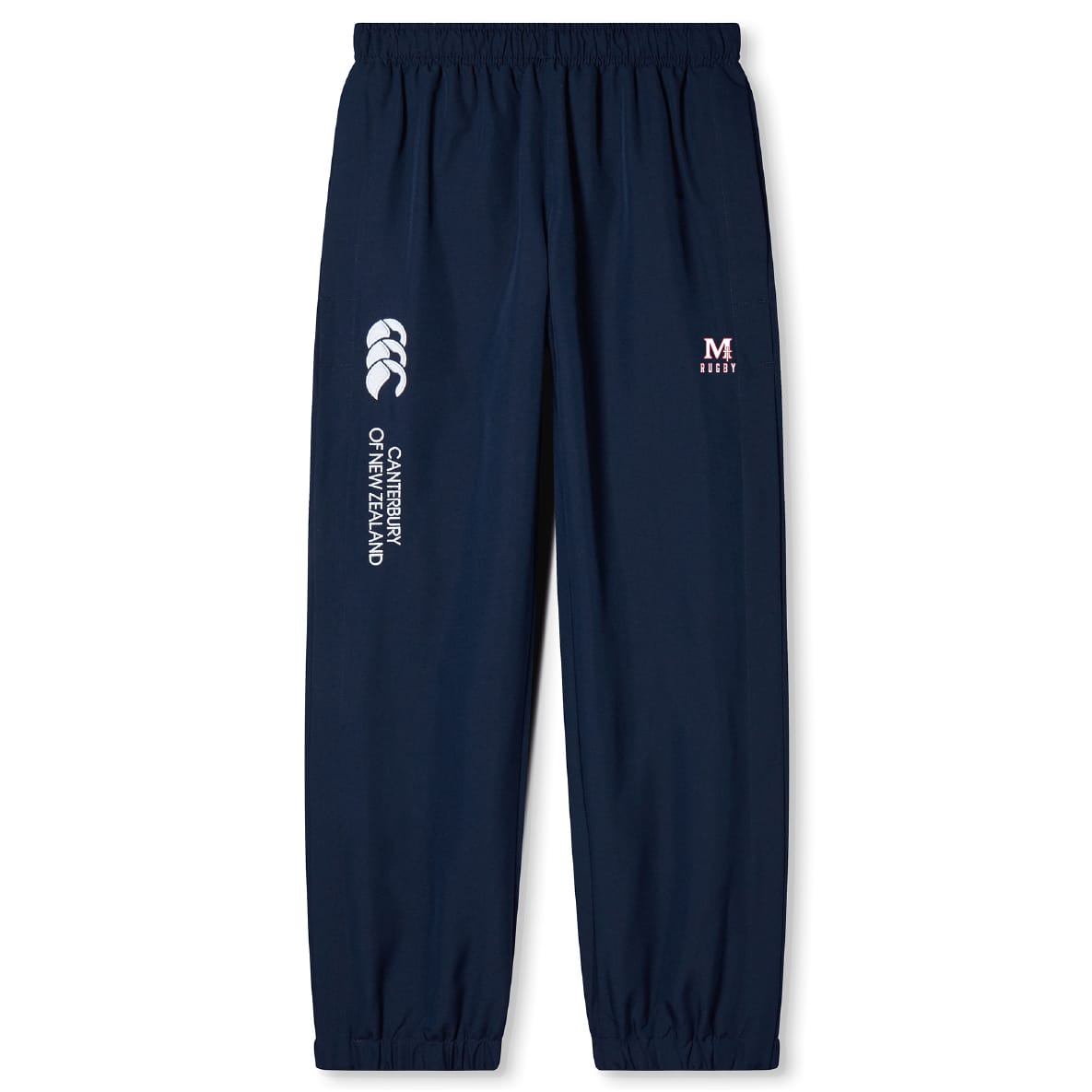 The EMB Canterbury San Joaquin Memorial Cuffed Hem Stadium Pant features white lettering and a stylish cuffed hem for a sporty, modern look.