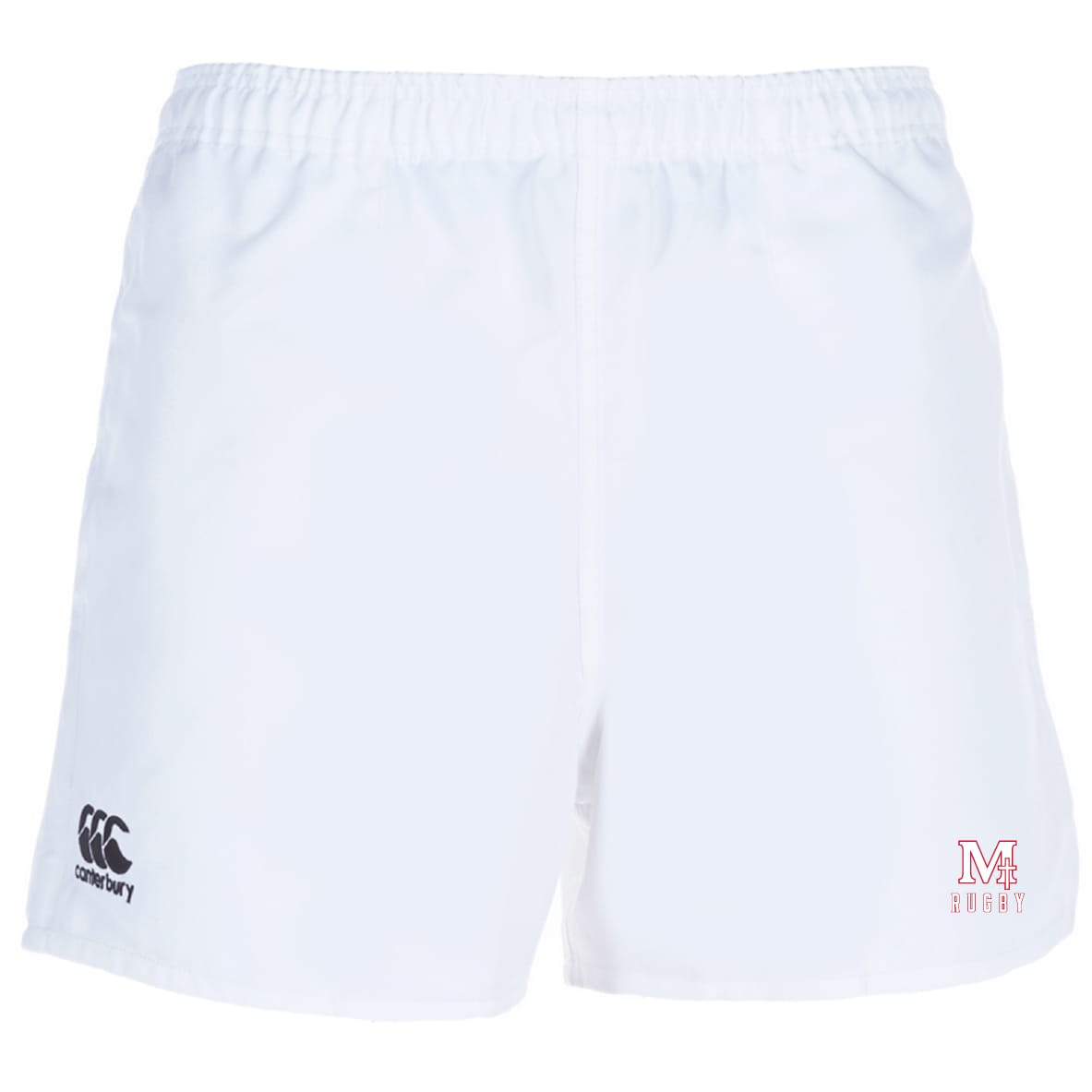 San Joaquin Memorial Advantage Rugby Shorts by EMB Canterbury—white with an elastic waistband, black Canterbury logo on the left leg, red “MF Rugby” logo on the right, and moisture-wicking fabric for cool comfort on the field.