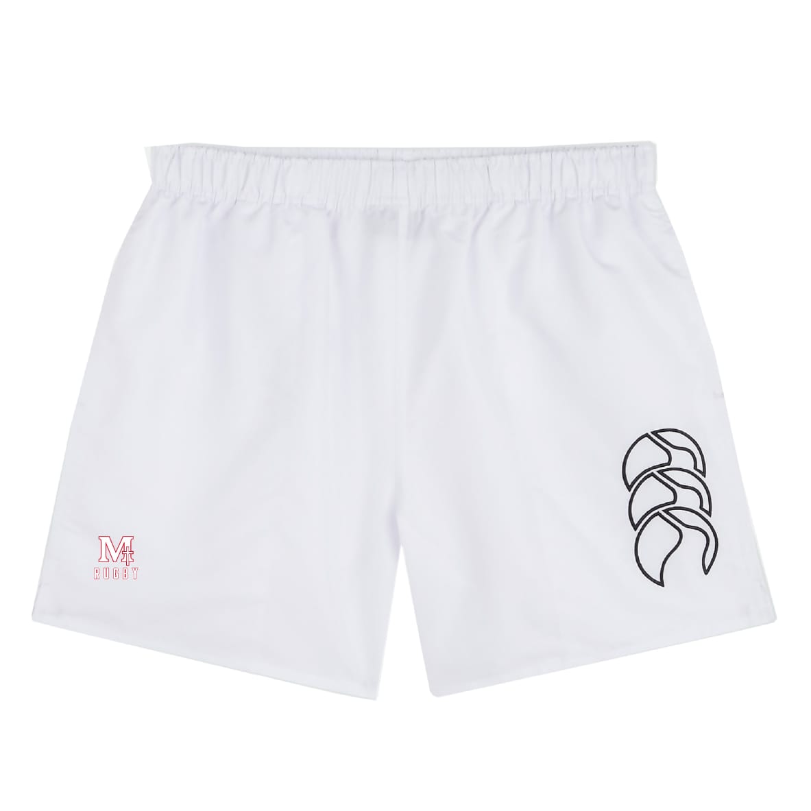 The San Joaquin Memorial Tactic Short by EMB Canterbury is a pair of white men's gym shorts with an elastic waistband, a black logo on the right leg, and a small red "M" logo on the left leg.