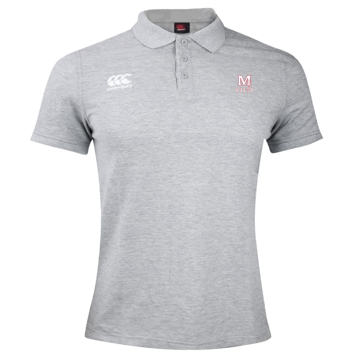 Light grey San Joaquin Memorial Waimak Polo by EMB Canterbury, short-sleeve with collar, white logo, and red "M Rugby" chest emblem. Combines comfort with sporty style—ideal for any rugby fan.