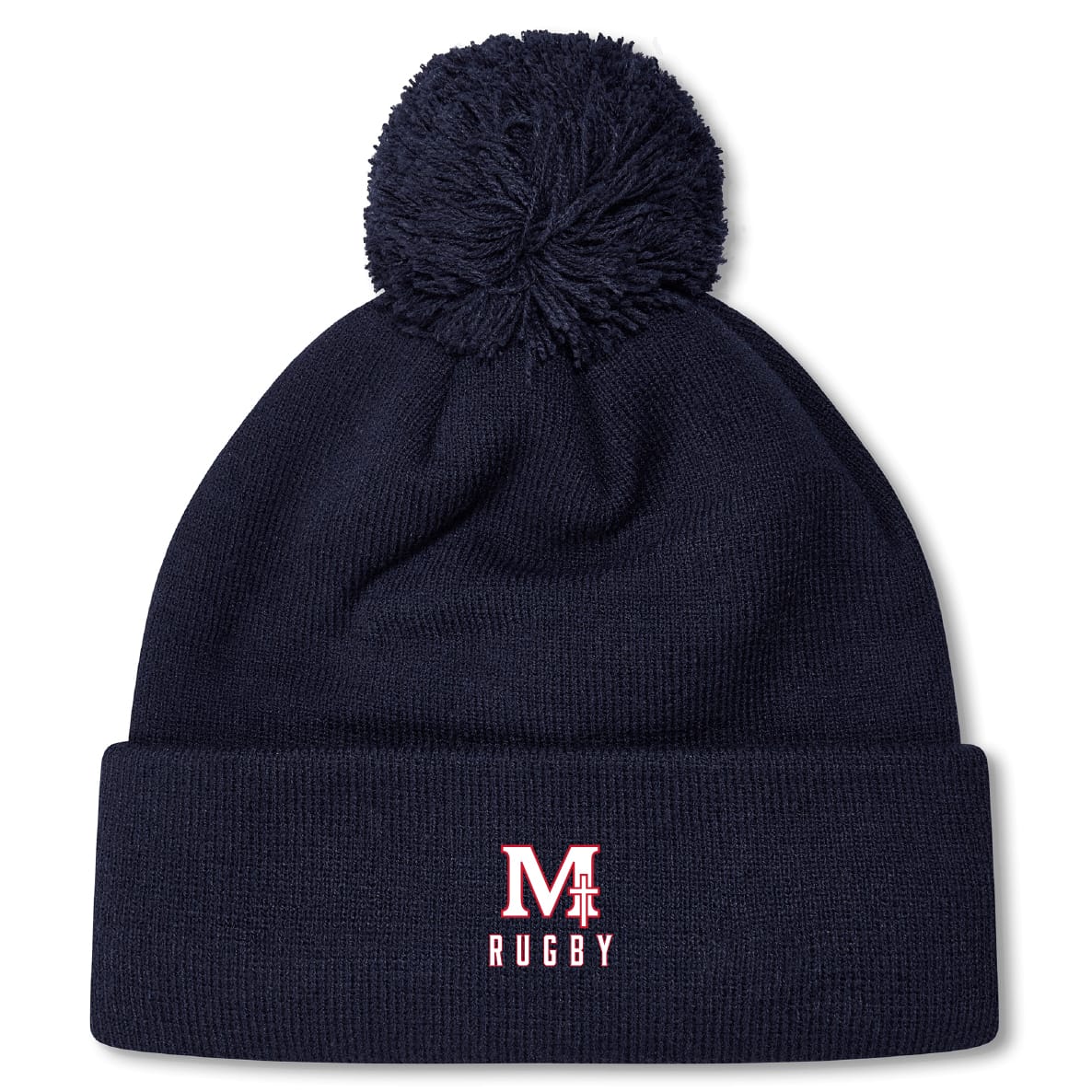 Stay warm in style with the San Joaquin Memorial Pom Pom Beanie by EMB Canterbury, featuring navy blue fleece lining, a top pom-pom, and an embroidered red and white "M Rugby" logo on the front cuff.