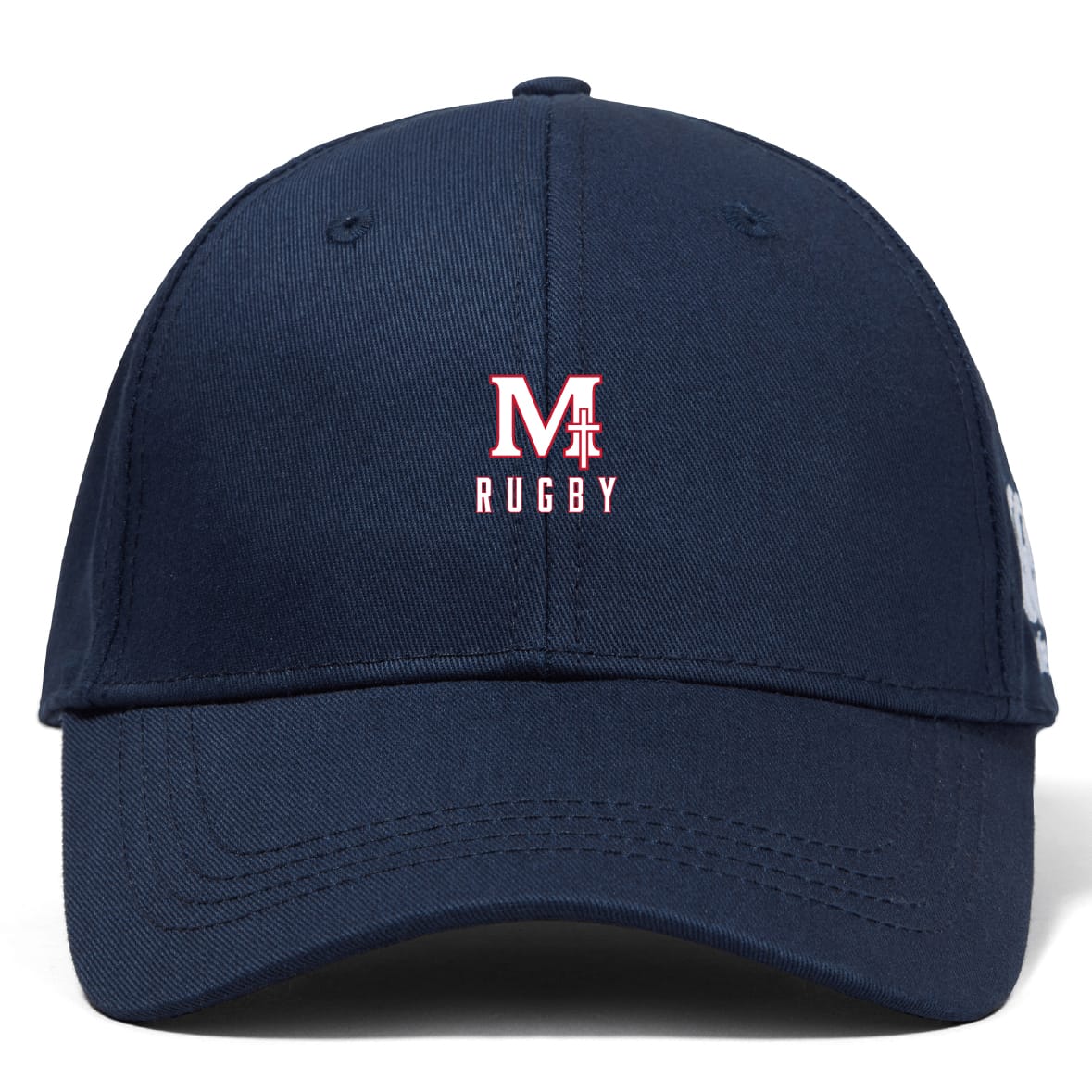 The San Joaquin Memorial Flexfit Drill Cap by EMB Canterbury is a navy blue cap with "M Rugby" embroidered in red and white on the front, featuring a classic curved brim design.