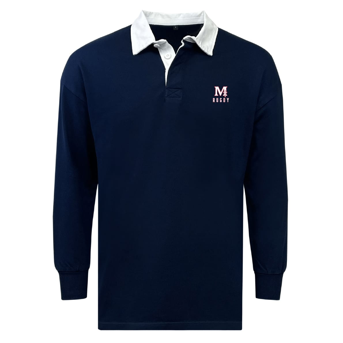 The EMB Mudoo San Joaquin Memorial Classic Long Sleeve Solid Rugby Jersey features a navy blue design with white collar and cuffs, an "M Rugby" logo on the chest, and is made from a comfortable cotton-poly blend for durability.